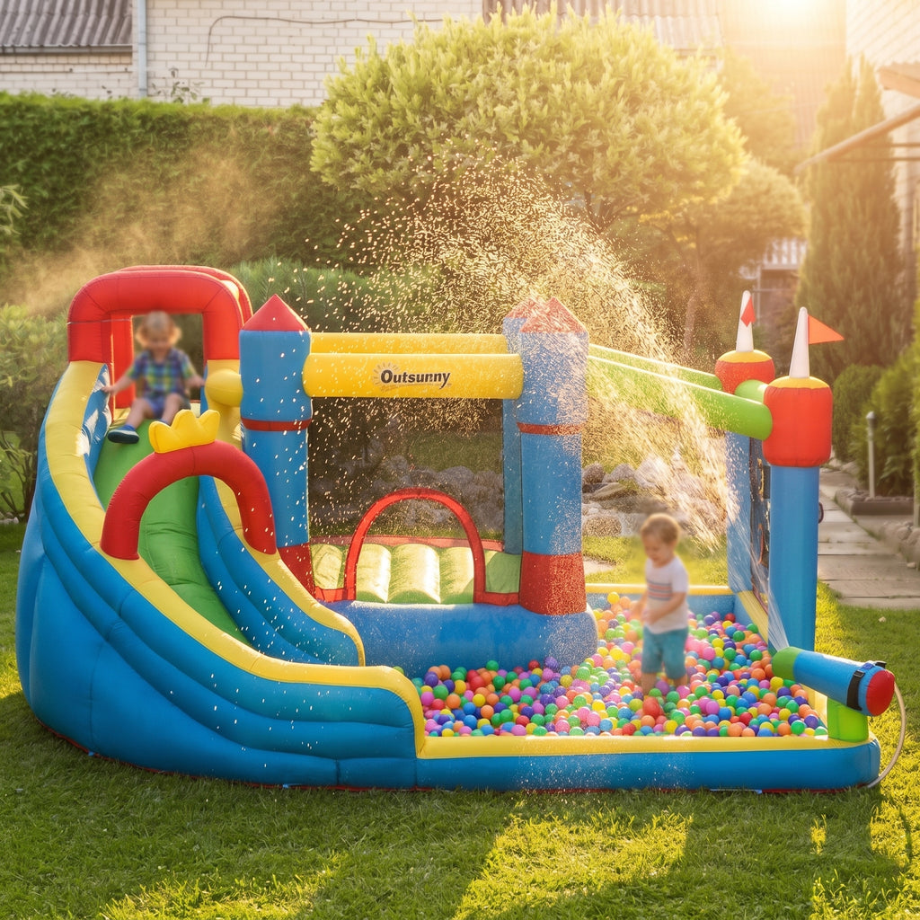 6-in-1 Inflatable Water Slide with Splash Pool, Slide, Climbing Wall, Water Cannon, Inflatable Bounce House for Kids with 2 Min. Inflation