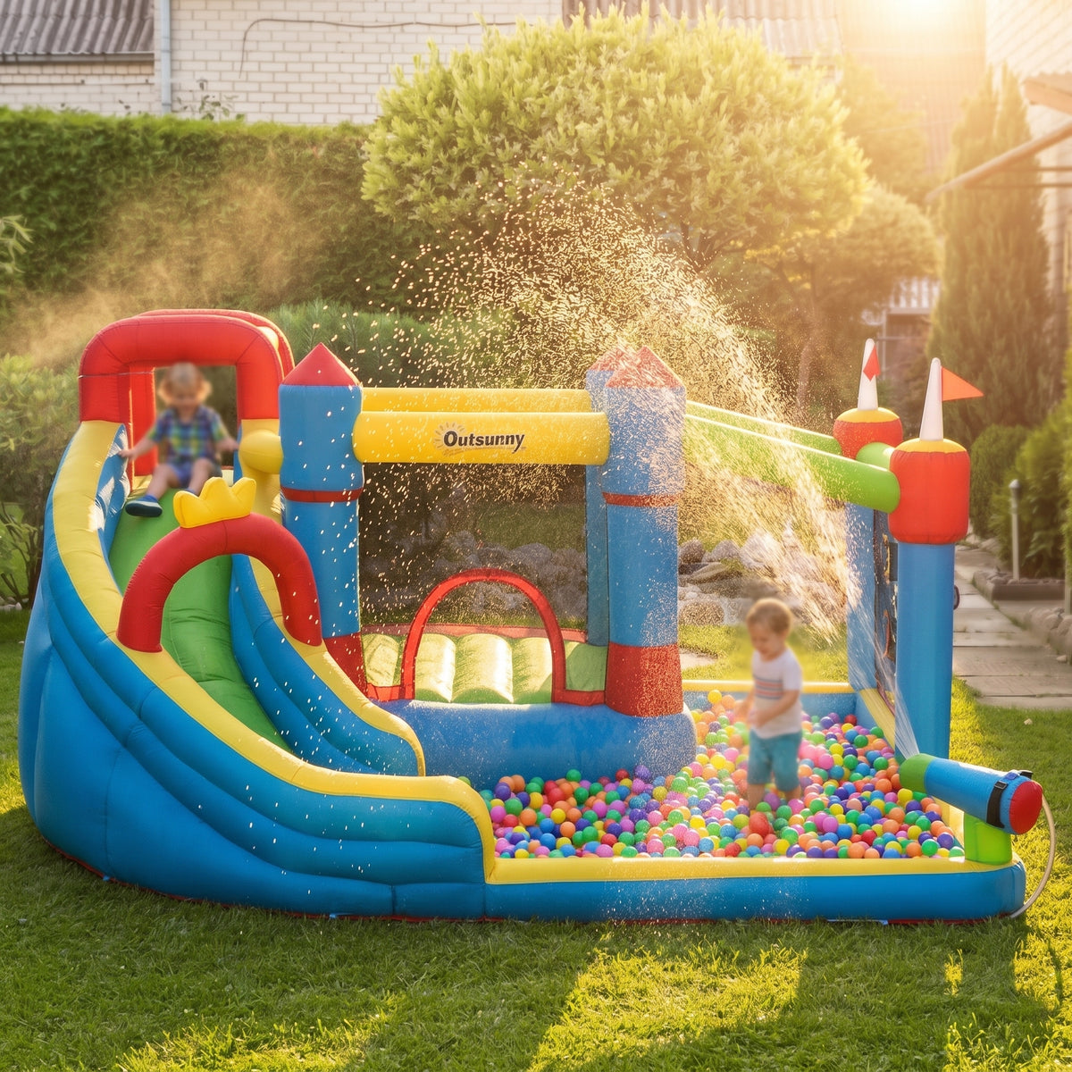 6-in-1 Inflatable Water Slide with Splash Pool, Slide, Climbing Wall, Water Cannon, Inflatable Bounce House for Kids with 2 Min. Inflation
