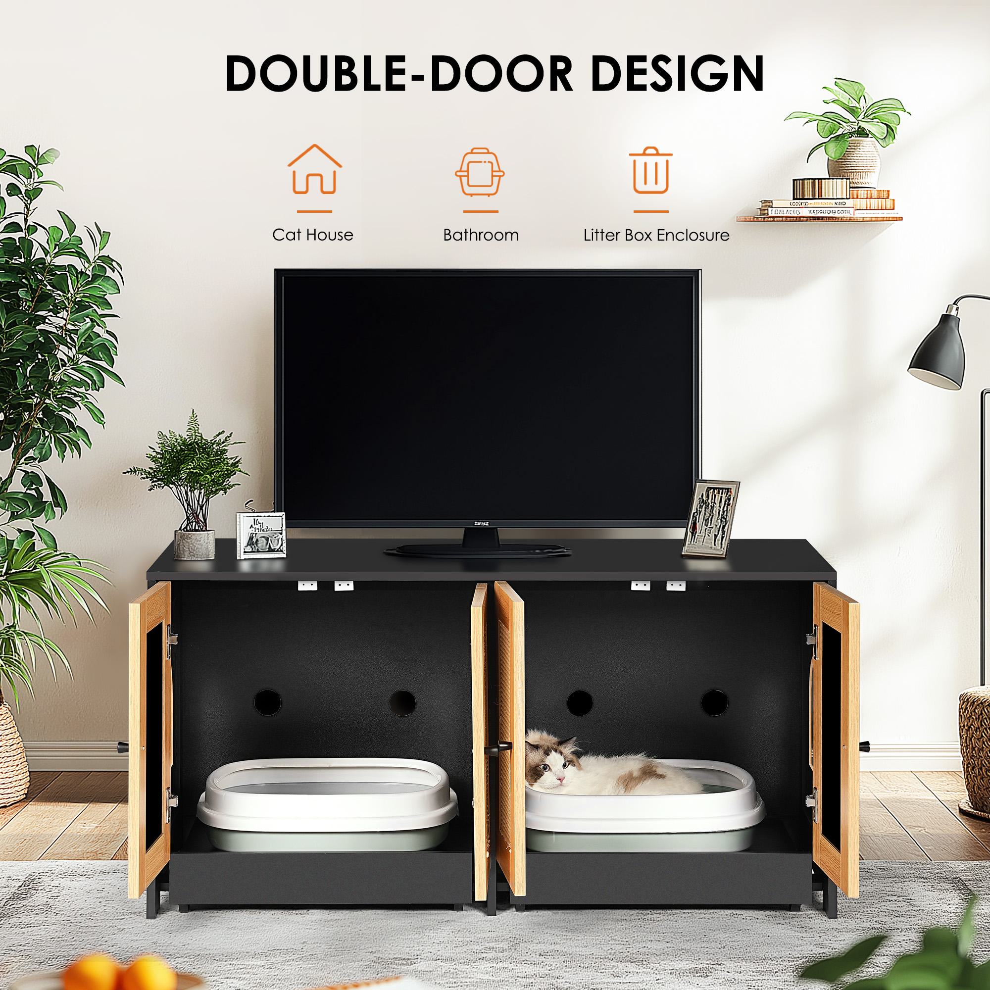 Double Litter Box Enclosure for 2 Cats with Rattan Doors and Sisal Scratch Panel, Hidden Cat Furniture, 47" L x 20" W x 23.5" H, Light Oak