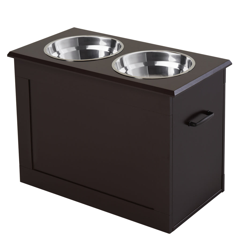 Raised Pet Feeding Storage Station with 2 Stainless Steel Bowls Base for Large Dogs and Other Large Pets, Coffee