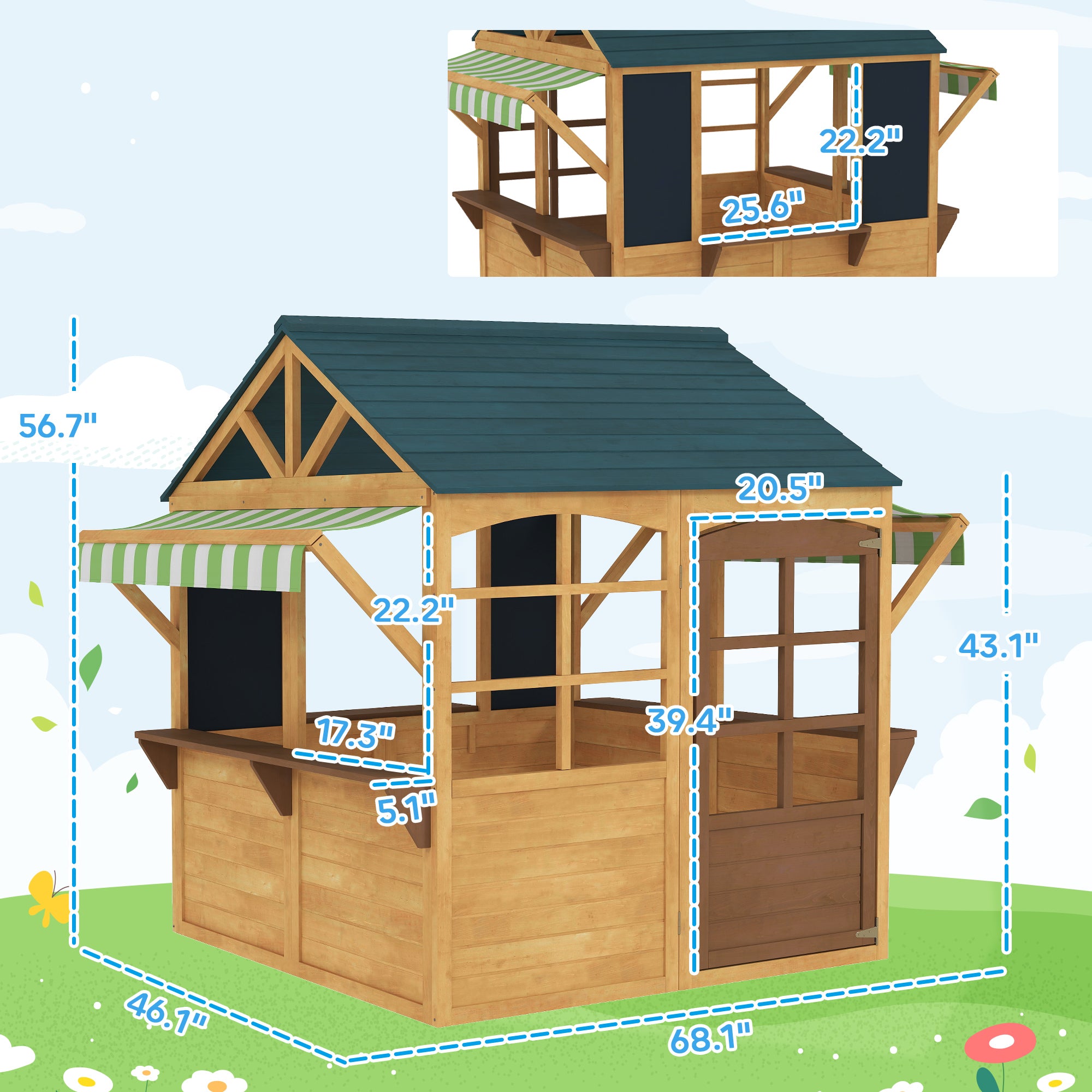 Wooden Outdoor Playhouse, Foldable Kids Cottage with Windows, Working Door, Snack Bars, Waterproof Covers, for 3-8 Years