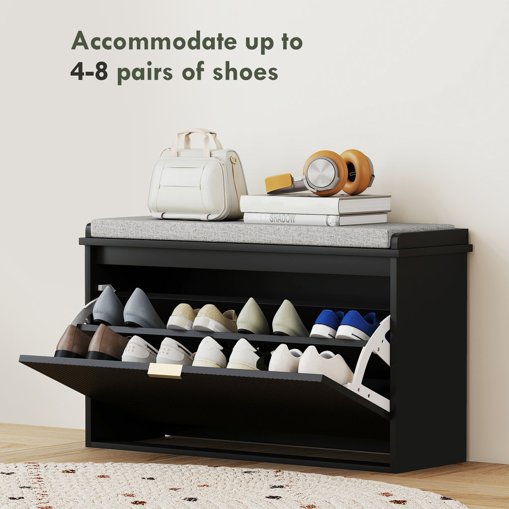 Shoe Storage Bench with Padded Seat Cushion and Flip-Drawer, Entryway Bench, Shoe Cabinet, 31.5x10.2x18.7 Inches, Black