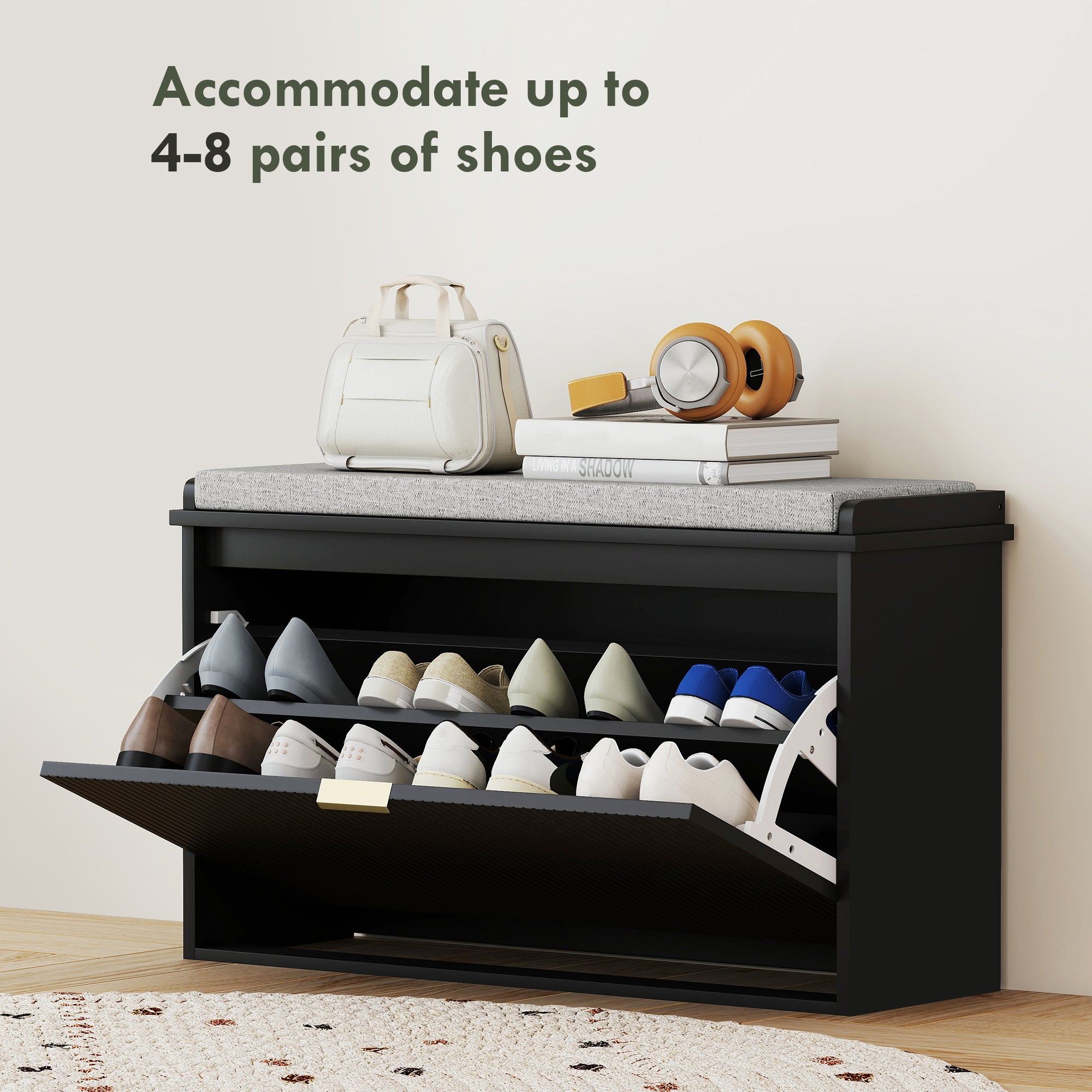 Shoe Storage Bench with Padded Seat Cushion and Flip-Drawer, Entryway Bench, Shoe Cabinet, 31.5x10.2x18.7 Inches, Black