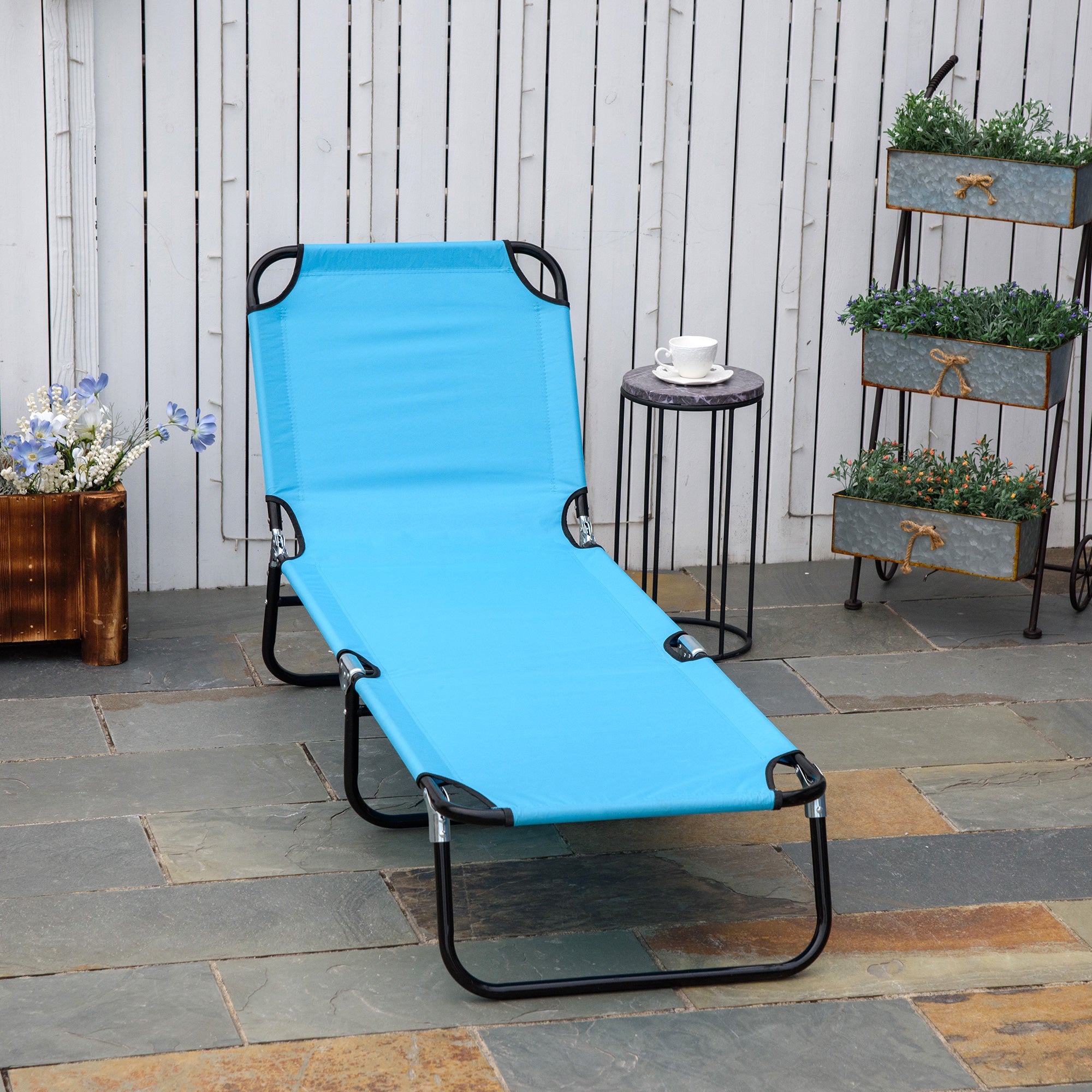 Folding Chaise Lounge Pool Chairs, Outdoor Sun Tanning Chairs with 5-Level Reclining Back, Steel Frame for Beach, Yard, Patio, Sky Blue