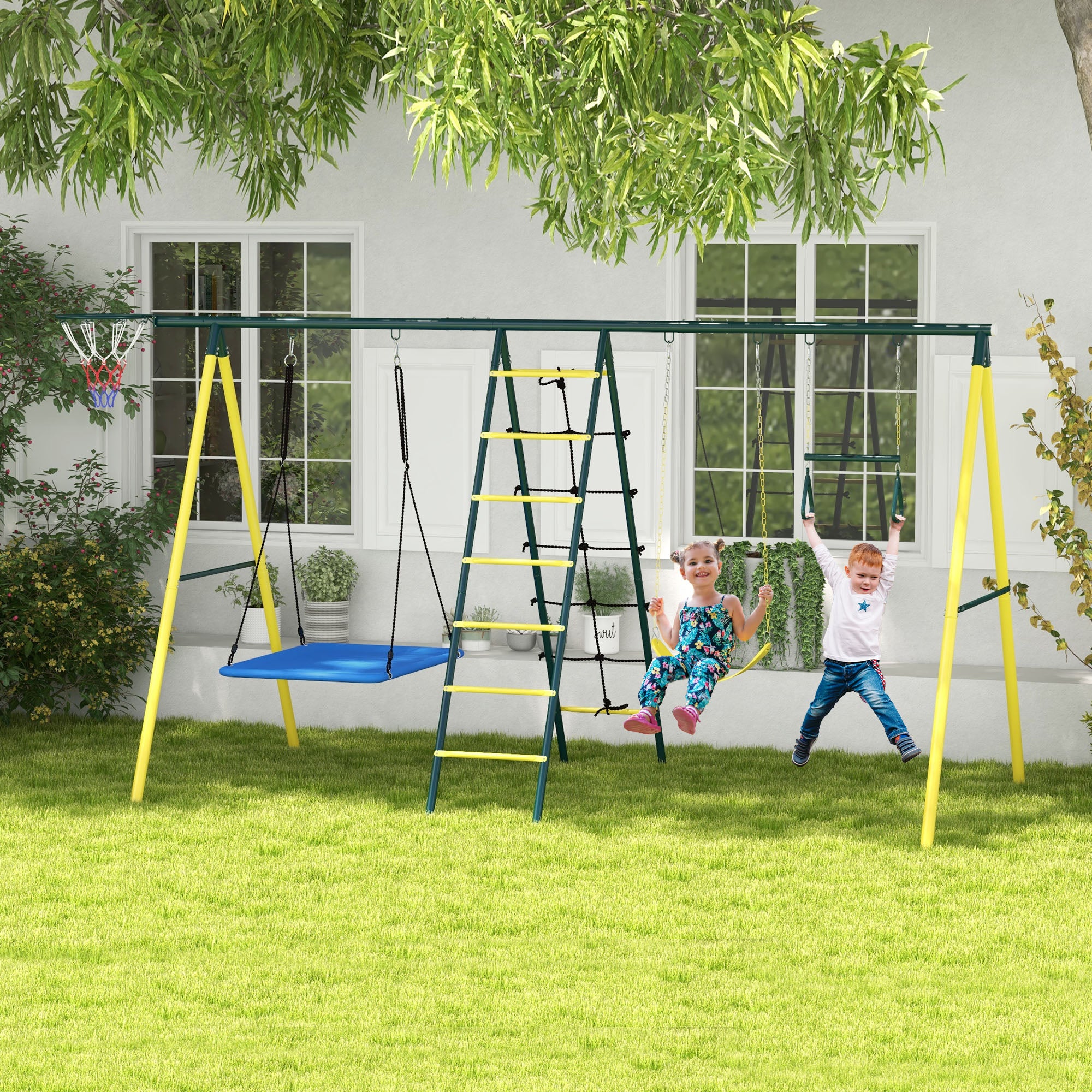Metal Swing Set for Backyard 5 in 1 Design Holds up to 440 lbs. for Ages 3-8, Yellow