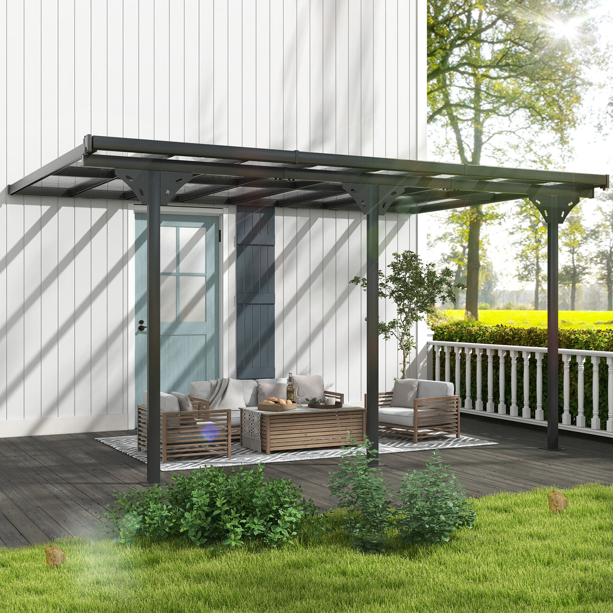 14.5' x 10' Aluminum Polycarbonate Pergola with UV Blocking for Outdoor Wall-Mounted Use, Family Shade, Gray