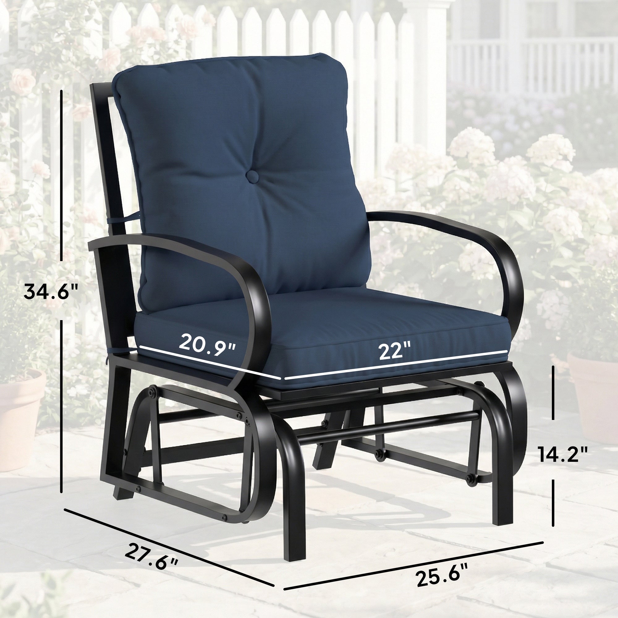 Patio Glider, Outdoor Glider Chair with Cushions, Steel Frame, Curved Armrests, Dark Blue
