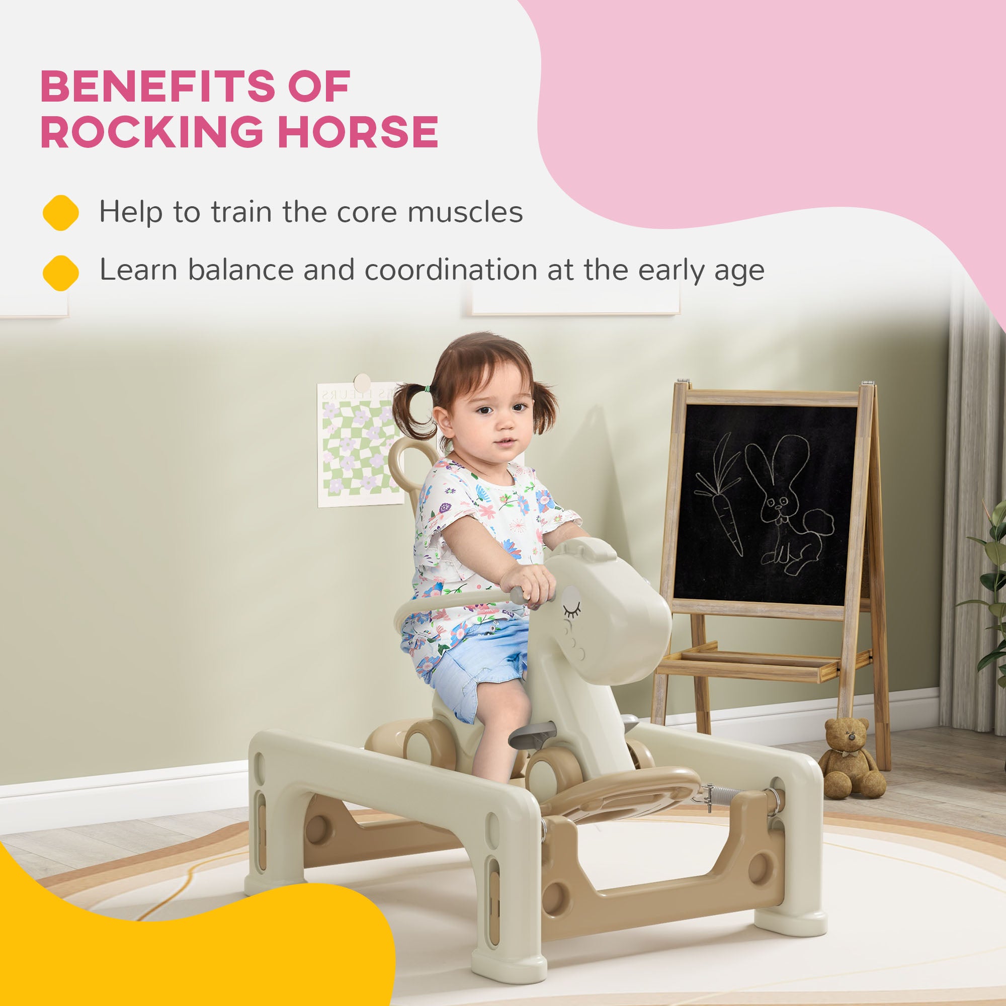 5 in 1 Rocking Horse for Toddlers 1-3 Years with Detachable Balance Board, Push Handle, Footrest, Cream White