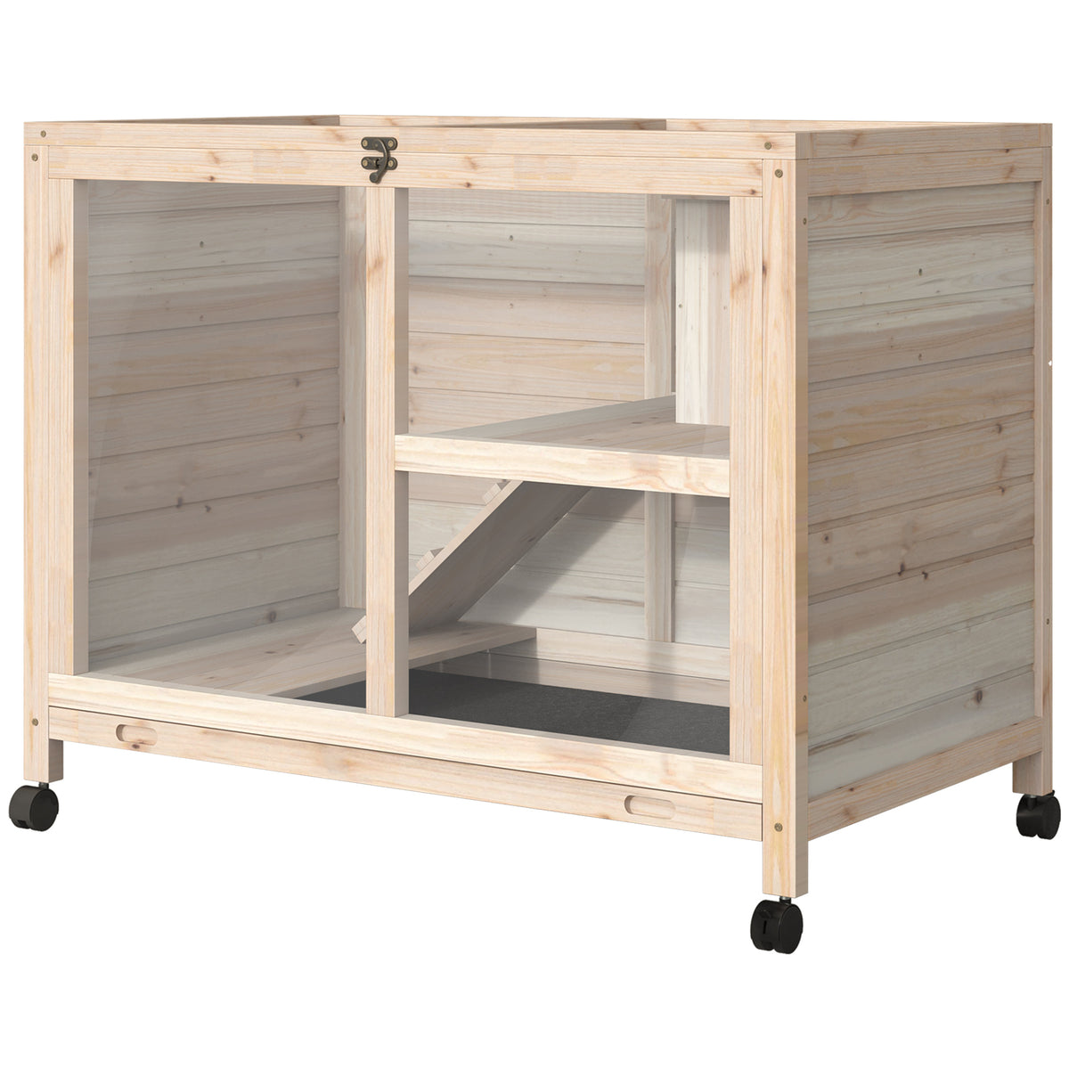 Rabbit Hutch with Wheels, Desk and Side Table Sized, Wooden Rabbit Cage, Waterproof Small Bunny Cage with Removable Tray, Openable Roof, for Rabbits, Chickens, Ducks, Indoor/Outdoor, Natural