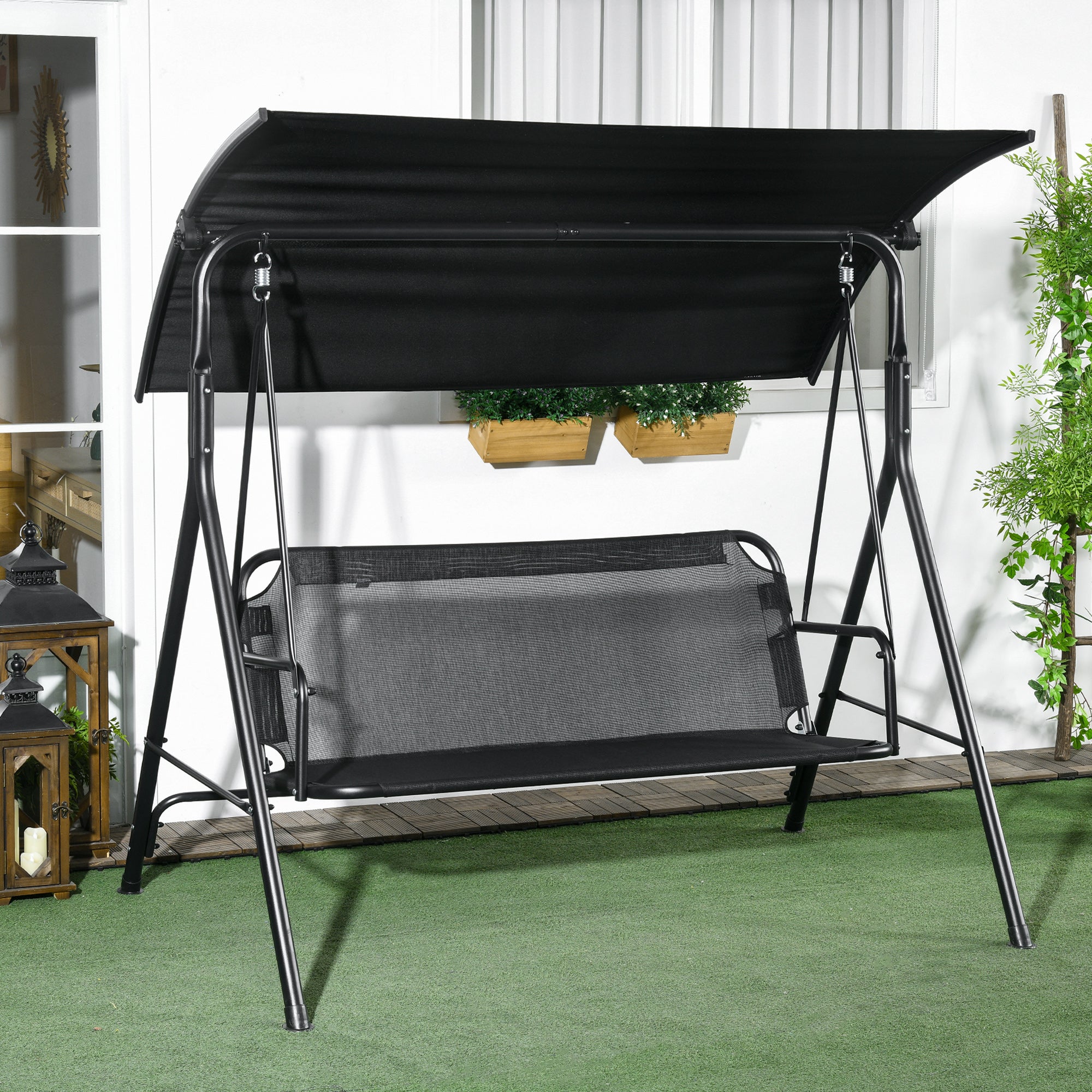 3-Seat Outdoor Patio Swing Chair w/ Cushion, Steel Frame Stand, Adjustable Tilt Canopy for Patio, Garden, Black 1