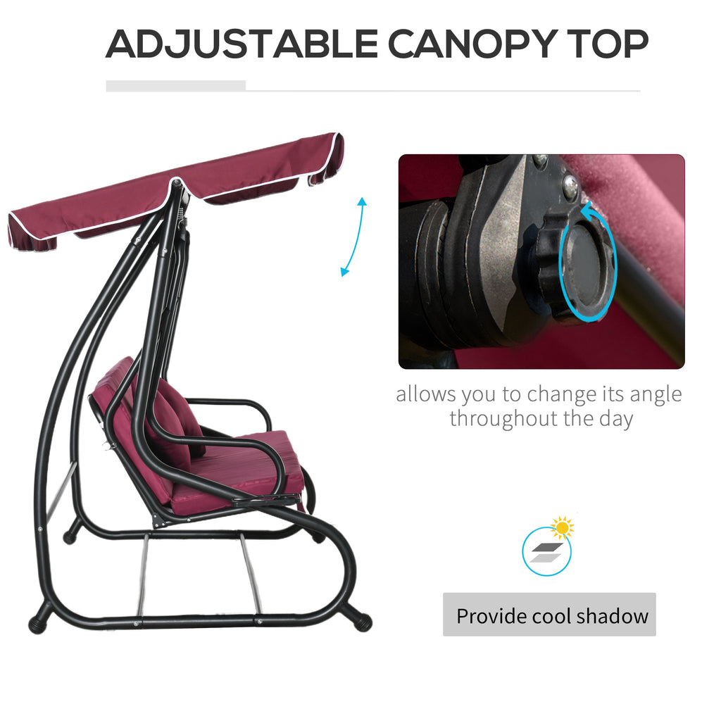 3-Seat Outdoor Patio Swing Chair, Converting Flatbed, Outdoor Swing Glider with Adjustable Canopy, Removable Cushion and Pillows, for Porch, Garden, Poolside, Backyard, Red