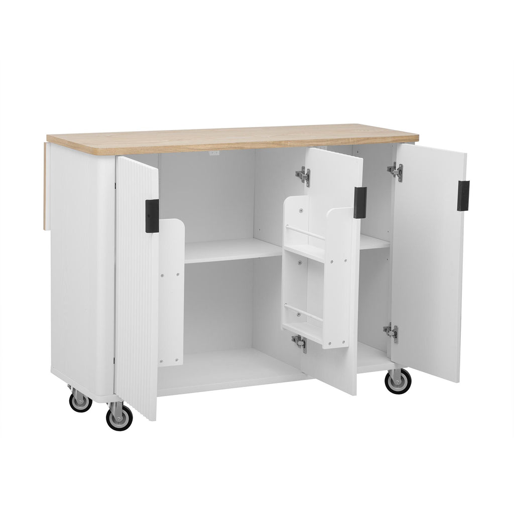 Fluted Kitchen Island with Drop Leaf, Internal Storage Rack, Rolling Kitchen Cart with Towel Rack, Adjustable Shelves, Smooth Curved Edge, White