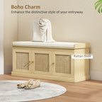 Shoe Storage Bench with Woven Rattan Doors, Shoe Bench with Cushion, Adjustable Shelves, Entryway Bench, Oak Tone