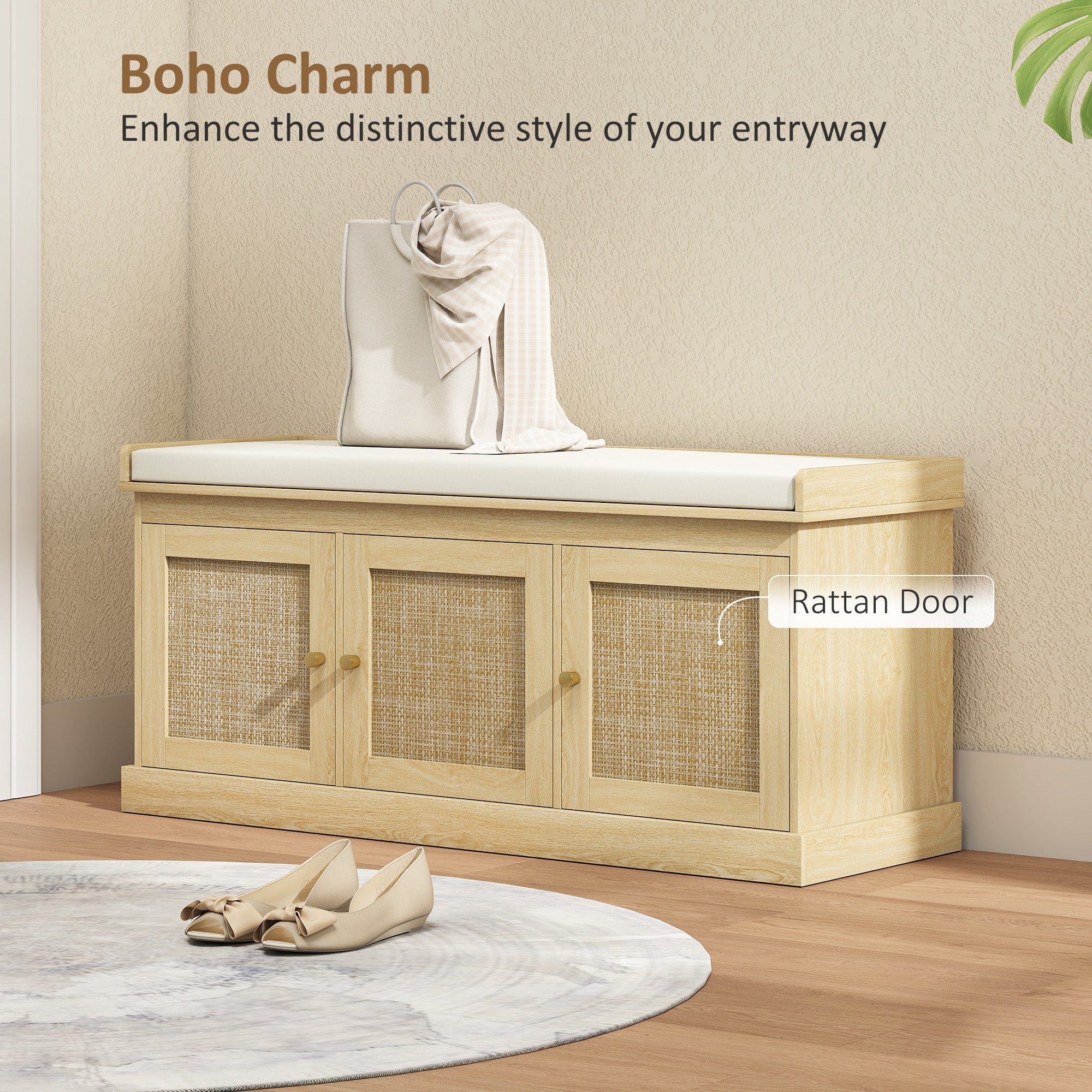 Shoe Storage Bench with Woven Rattan Doors, Shoe Bench with Cushion, Adjustable Shelves, Entryway Bench, Oak Tone