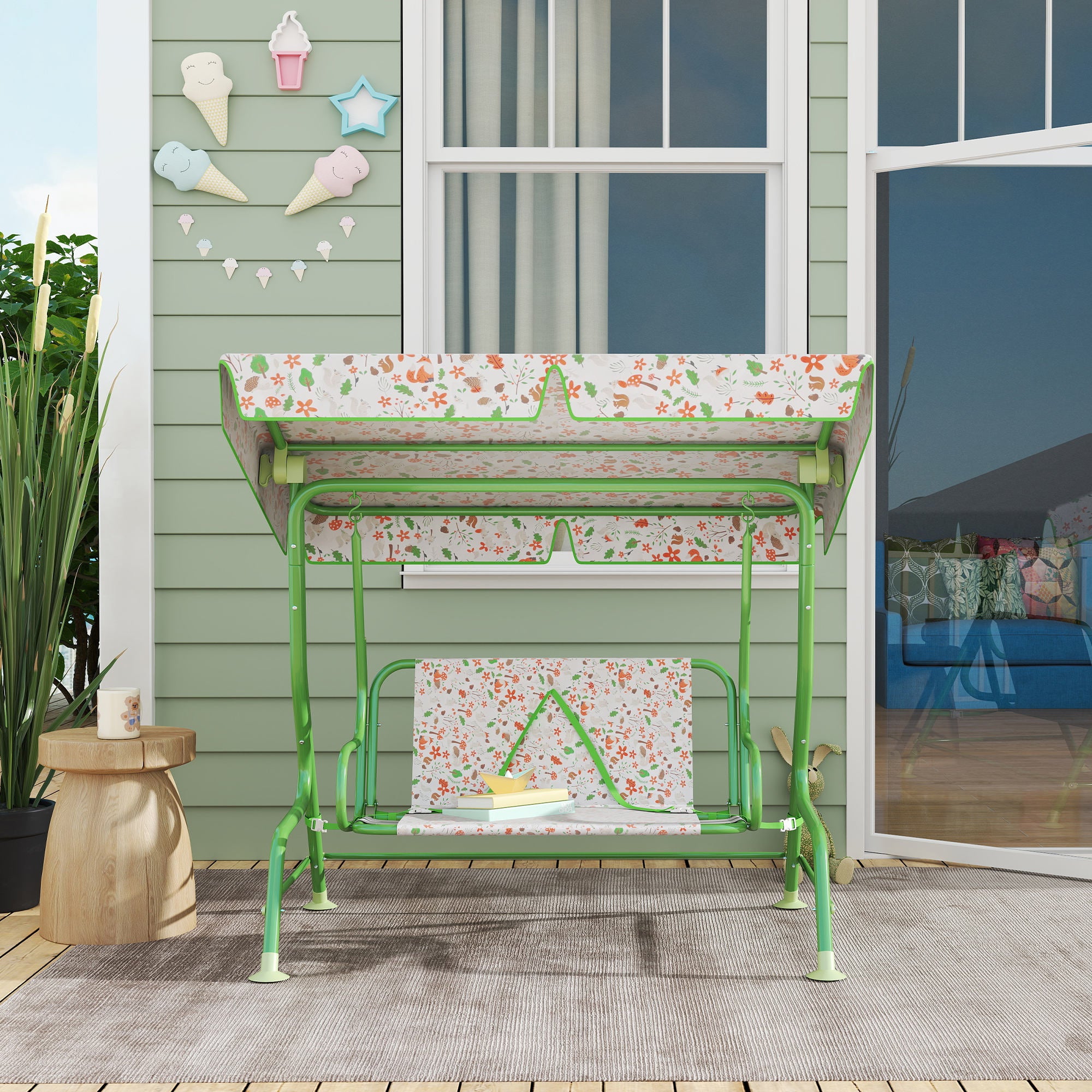 Kids Patio Swing Chair with Adjustable Canopy, Safety Belt for Patio, Garden, Poolside, Balcony, Green