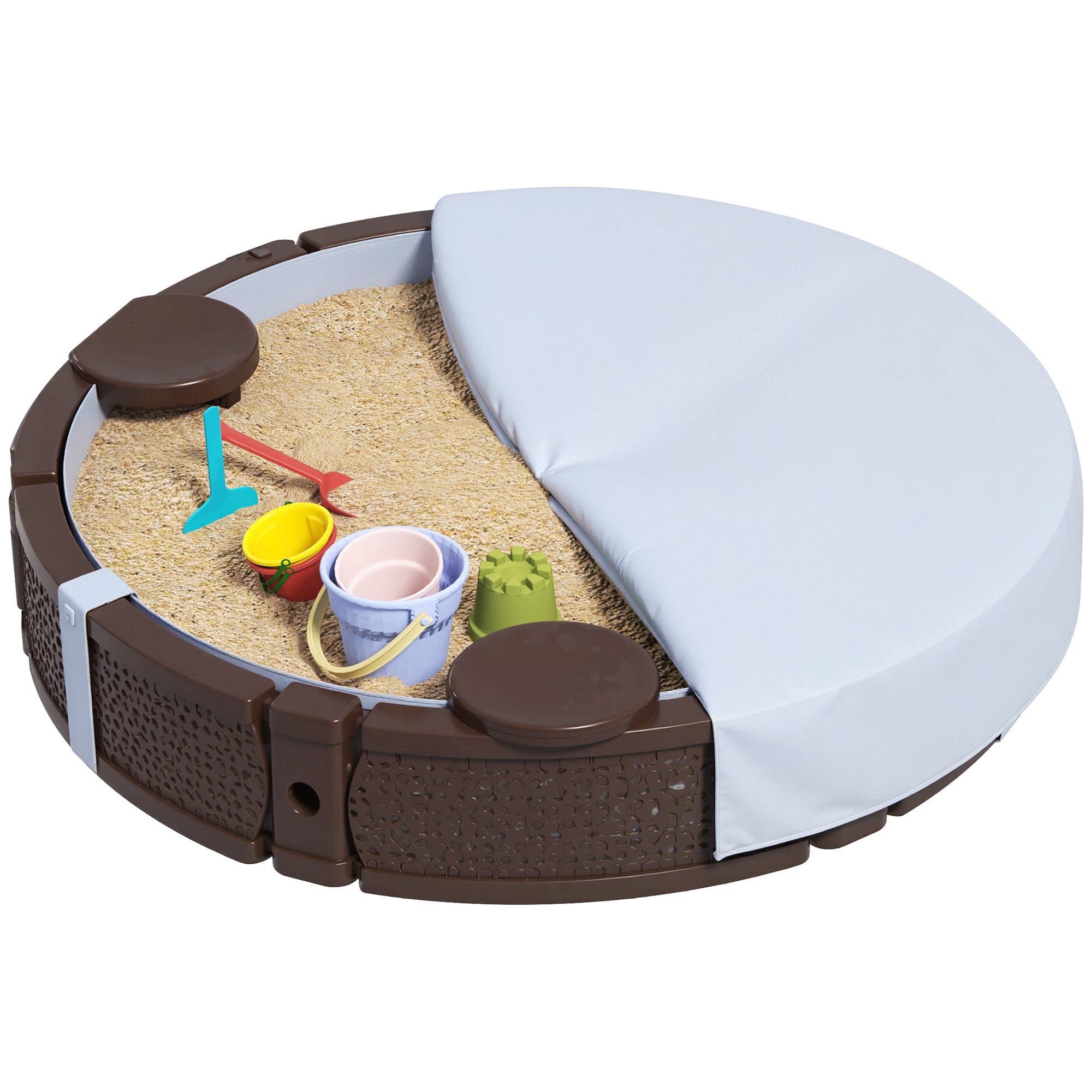 47" Round Kids Sandbox with Cover, 3 Seats, Waterproof Bottom Liner, for Backyard, Lawn, Garden, Beach, Patio, Brown