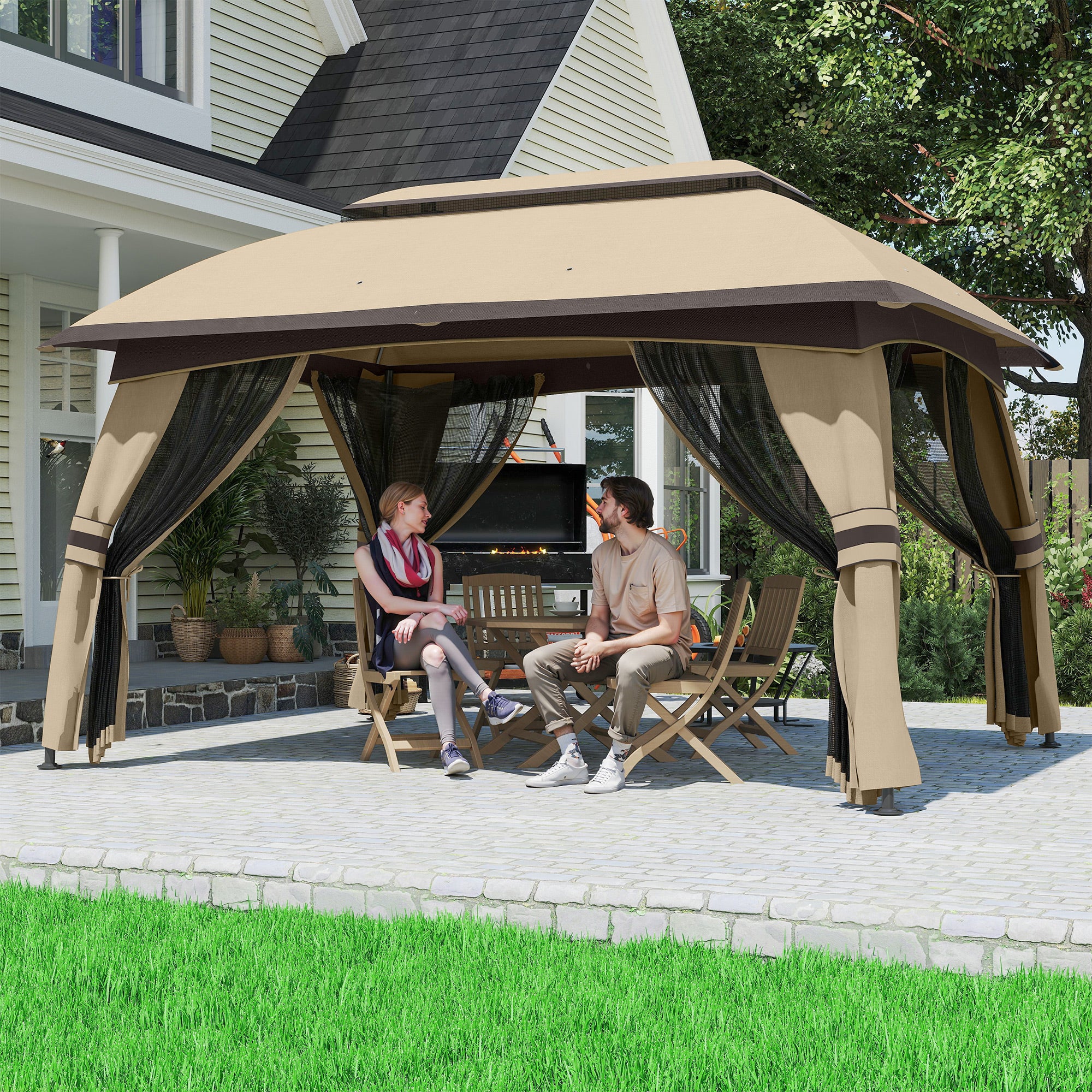 10' x 13' Patio Gazebo, Outdoor Gazebo Canopy Shelter with Netting, Vented Roof for Garden, Beige
