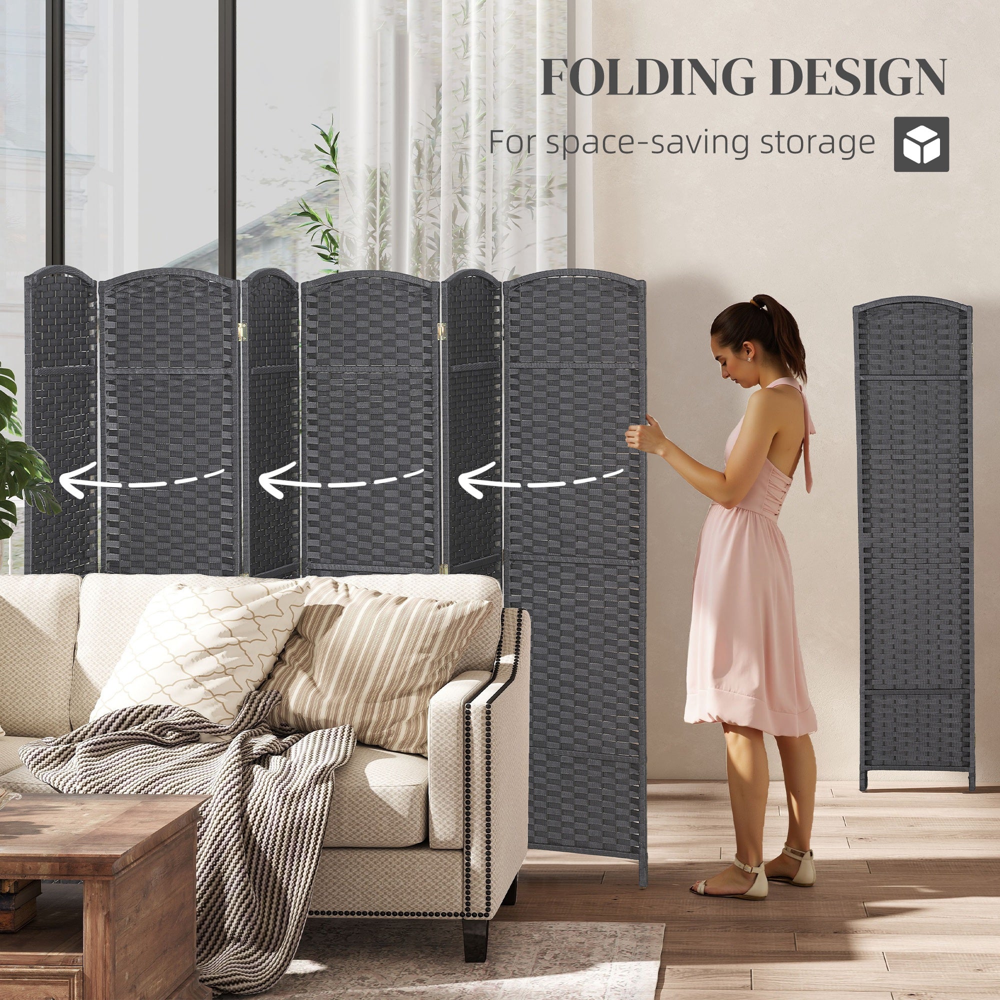 Folding Room Divider Screen 6 Panel 5.6' Tall Privacy Screen Freestanding Room Partition for Home Office, Charcoal Gray