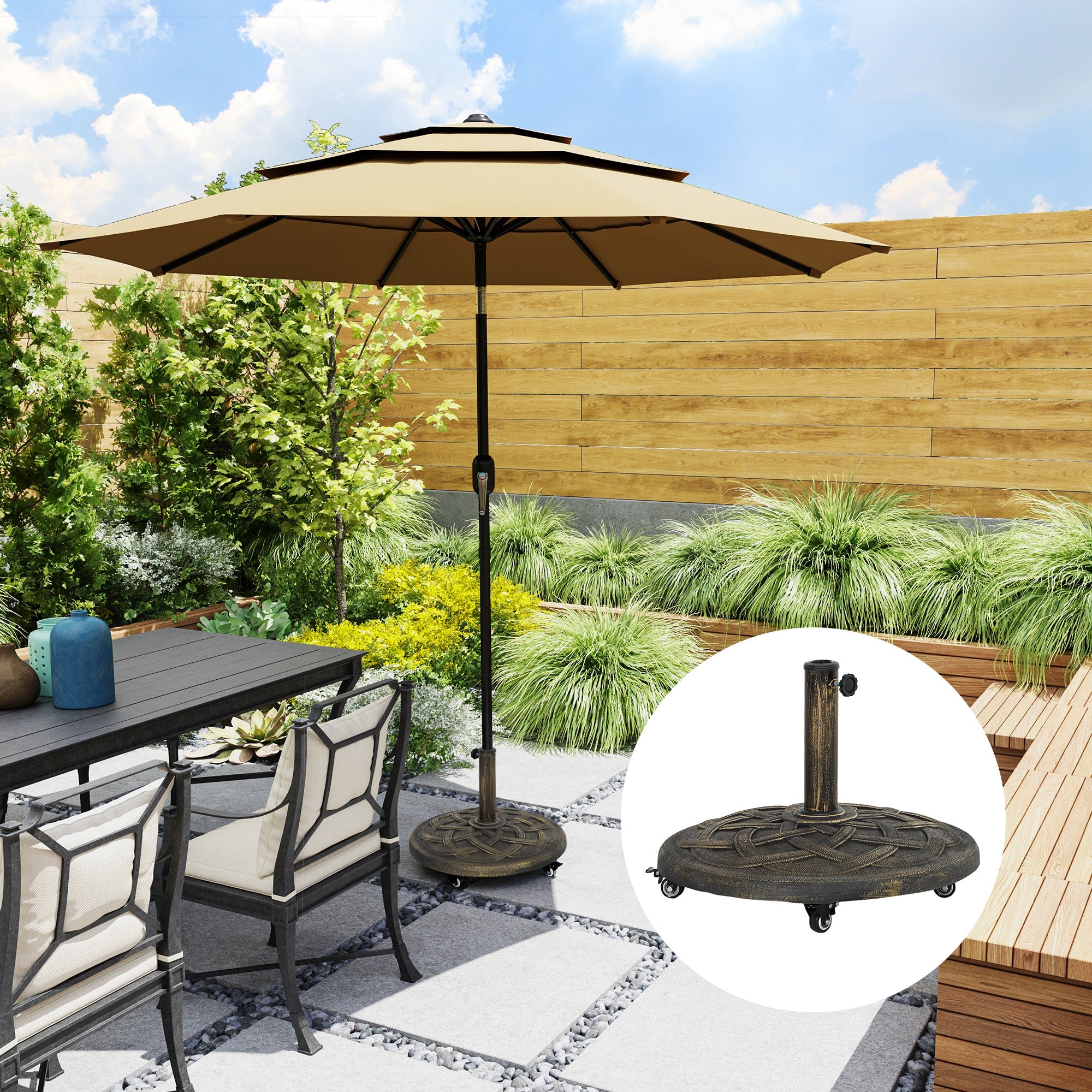 Round Patio Umbrella Base with Wheels, 44 lbs Resin Umbrella Stand Base, Heavy Duty Patio Umbrella Holder for 1.3"/1.5"/1.9" Umbrella Poles for Outdoor, Lawn, Poolside, Bronze