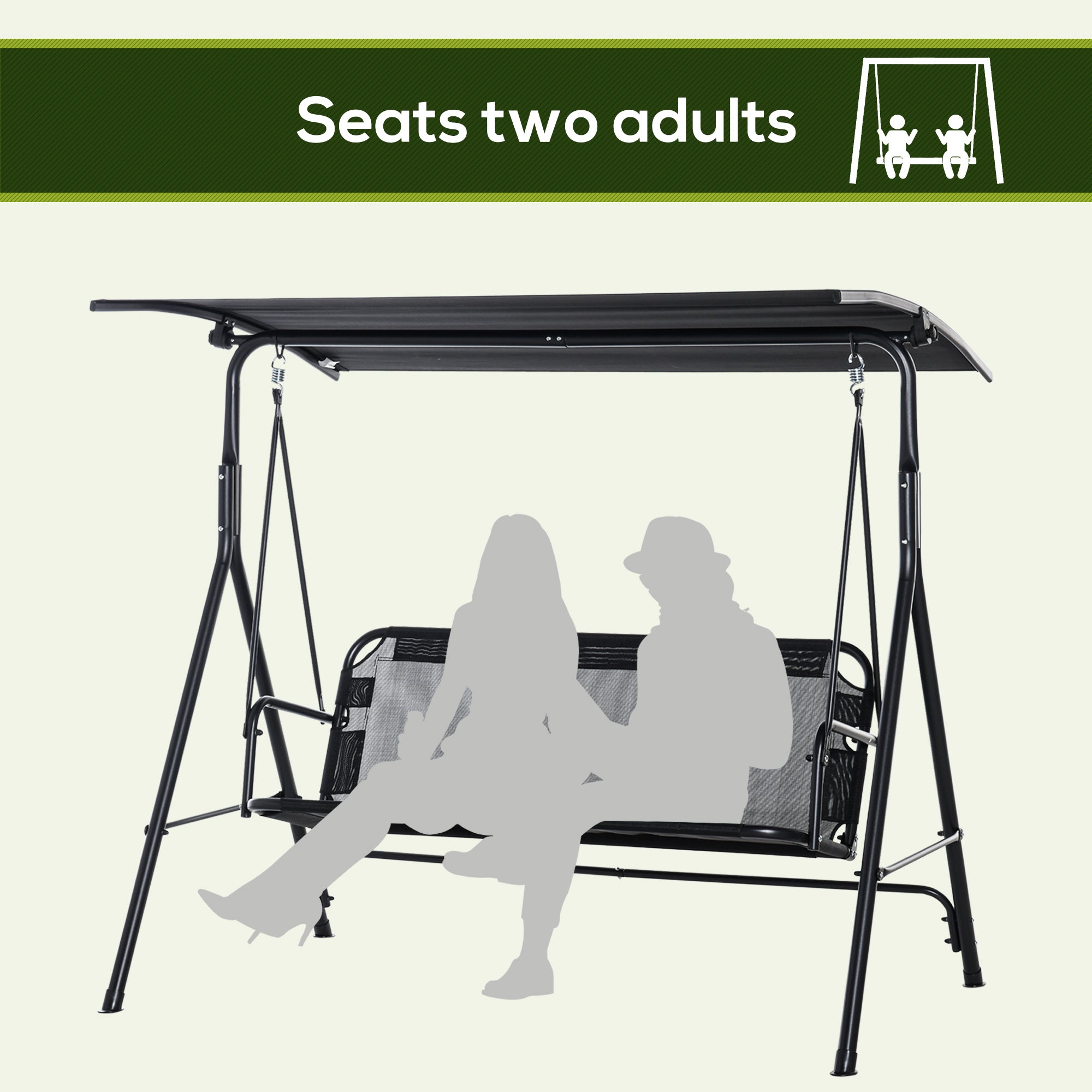 2-Seater Patio Swing Chair, Outdoor Adjustable Canopy Porch Swing with Armrests, Texeline Fabric and Steel Frame, Black