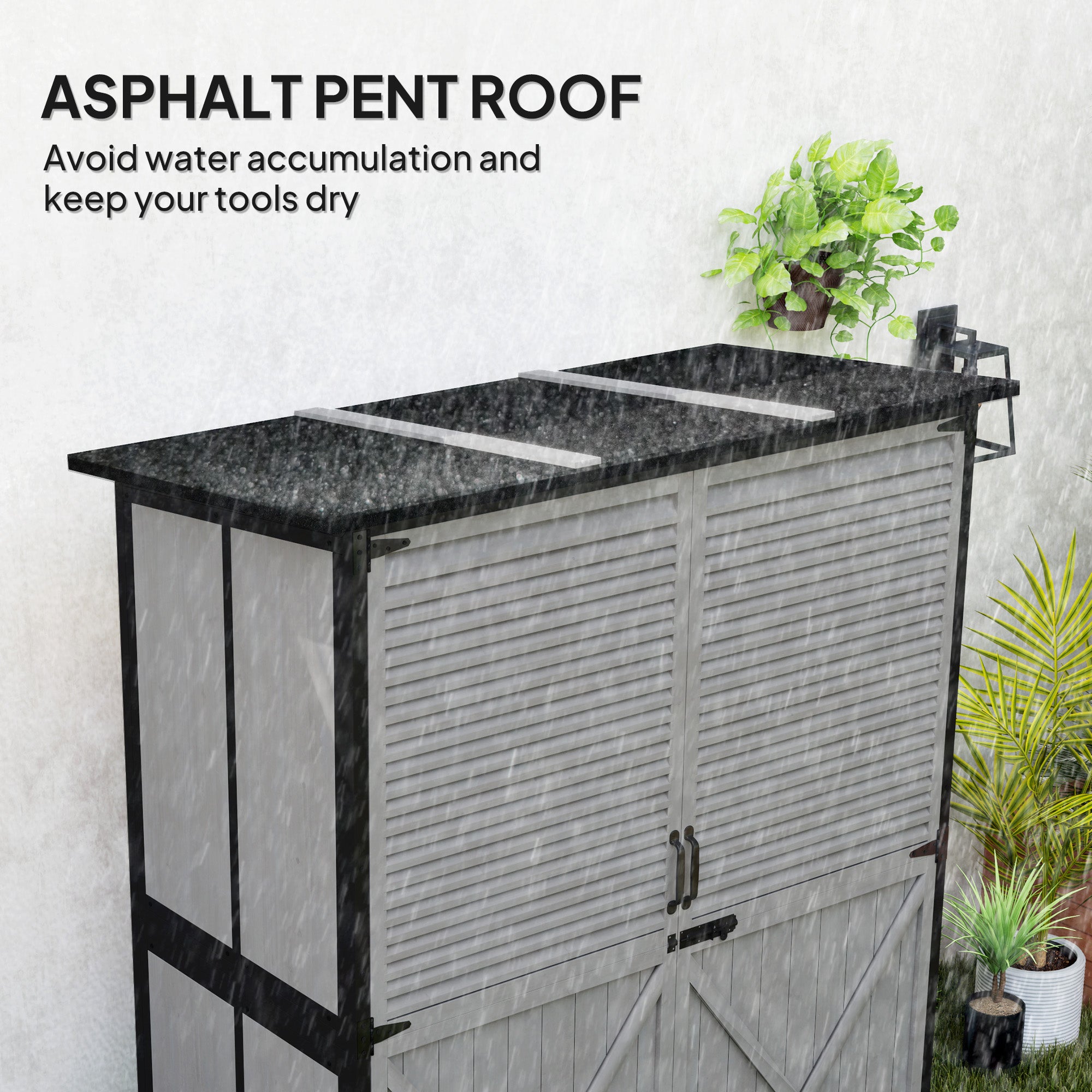 Wood Storage Shed, Outdoor Garden Shed with Asphalt Roof, 2 Shelves, Lockable Doors and Adjustable Feet, Gray