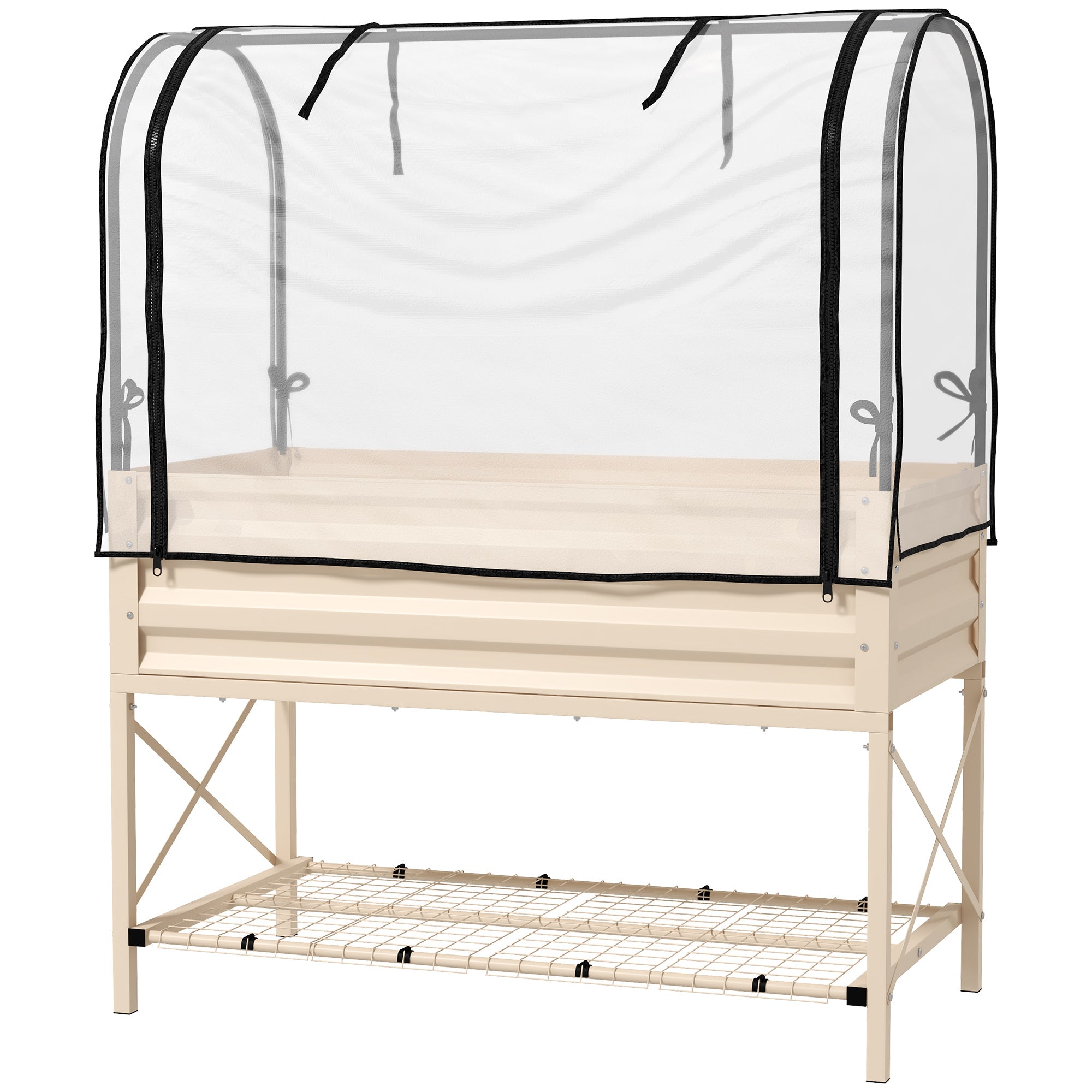 Raised Garden Bed with Legs and Cover, Metal Elevated Planter Box with Bottom Shelf and Liner for Vegetables, Cream