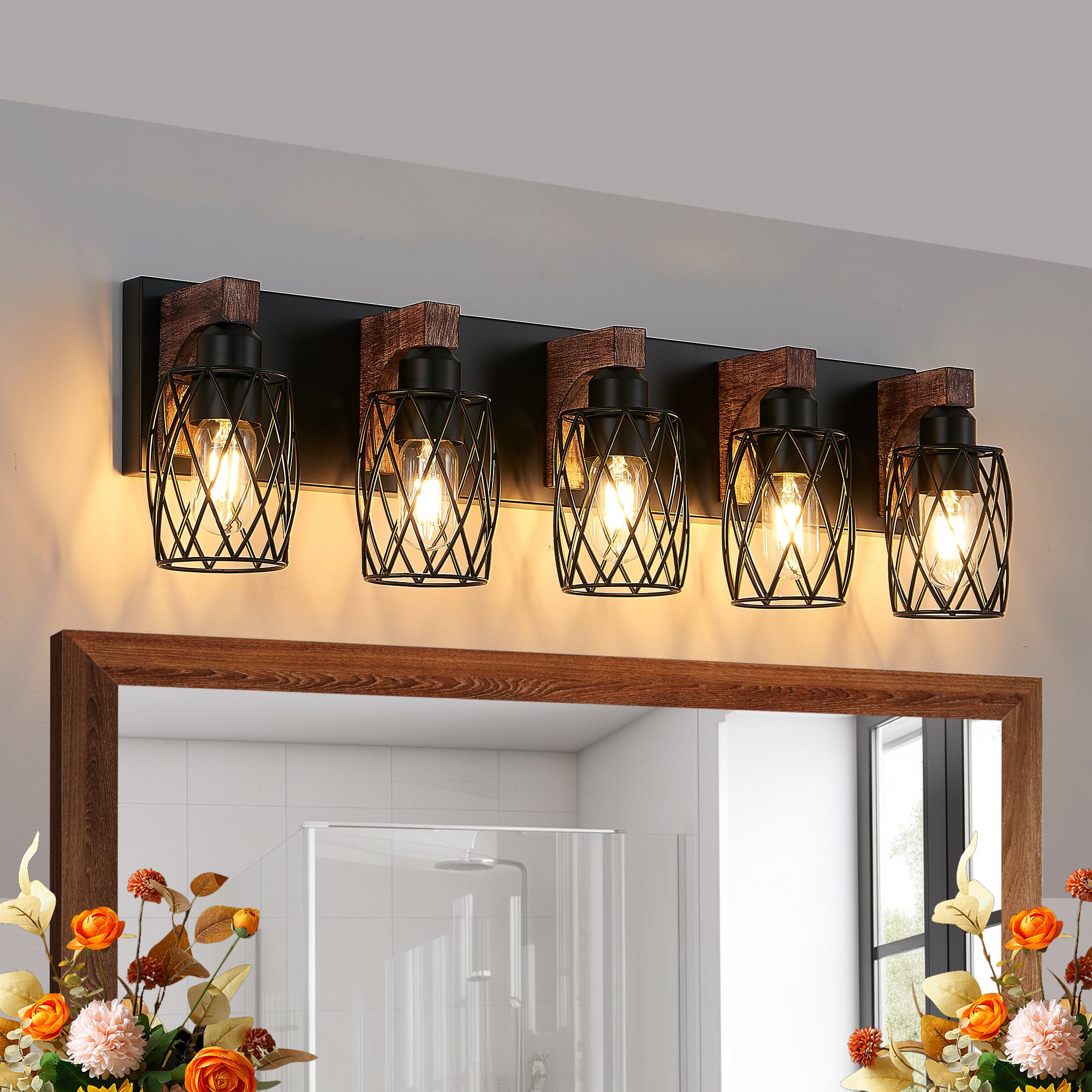 31" Industrial Vintage 5-Light Wall Sconce with Wooden Accents, Cage Fixture for Hallway, Living Room, 31" L x 6" W x 8.5" H, Walnut+Black