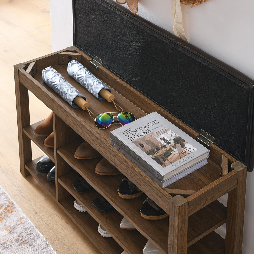 Height-Adjustable Long Shoe Bench with Lift-Up Concealed Storage, Durable Stool with Ventilated Compartments, 39.5" L x 12" W x 22" H, Brown