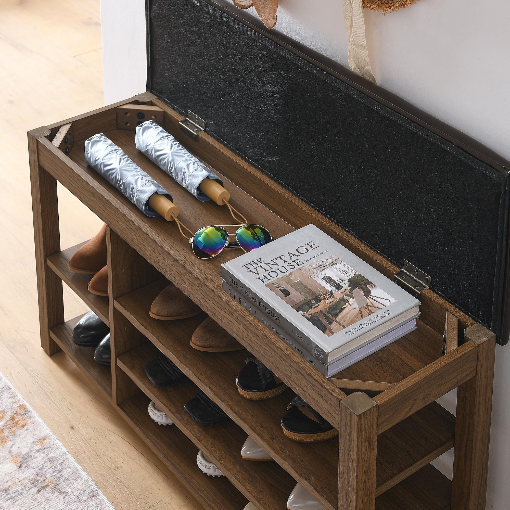 Height-Adjustable Long Shoe Bench with Lift-Up Concealed Storage, Durable Stool with Ventilated Compartments, 39.5" L x 12" W x 22" H, Brown