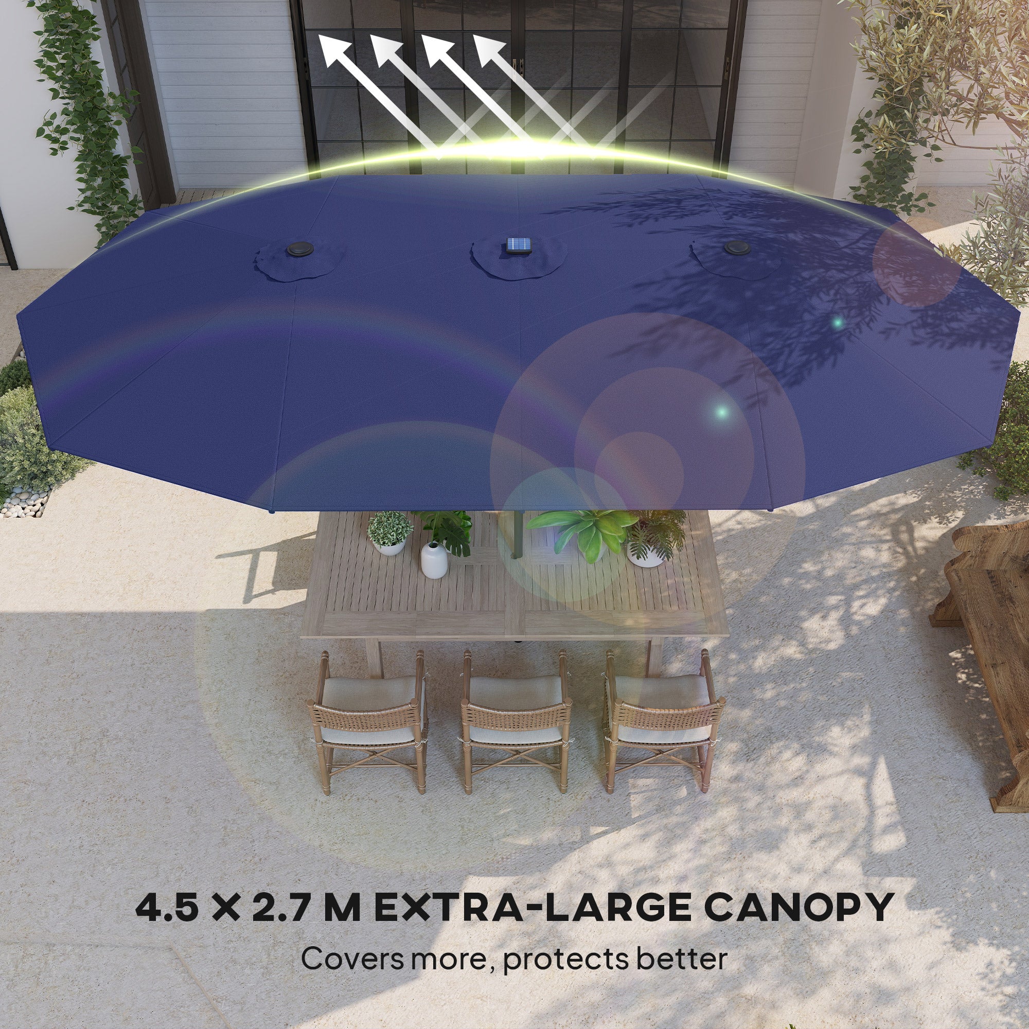 Garden Parasol, Double-Sided Sun Umbrella with LED Solar Lights, Patio Parasol for Outdoor, Navy Blue