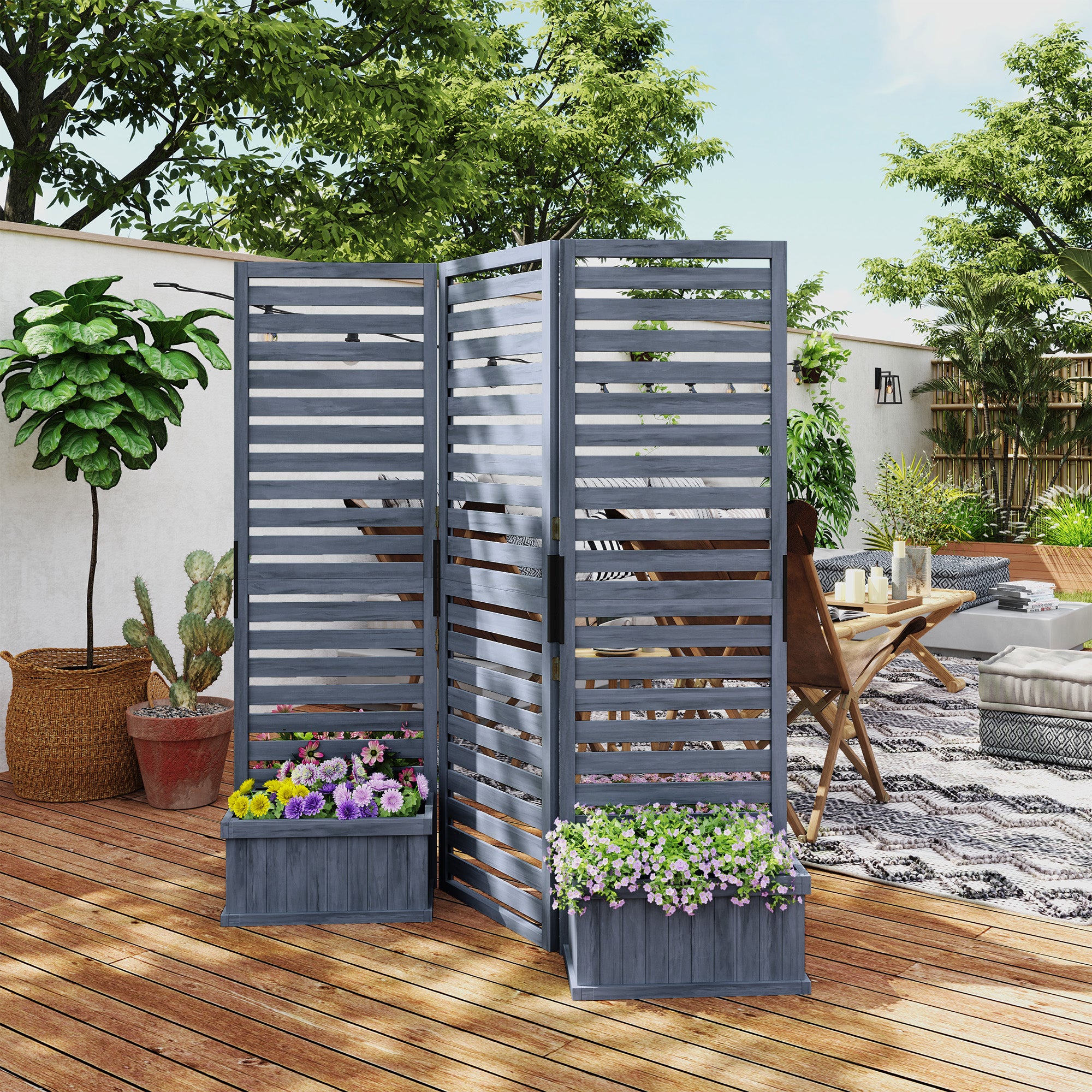 Wood Privacy Screen w/ 4 Planter Box, Raised Bed w/ 3 Panels & Drainage Holes