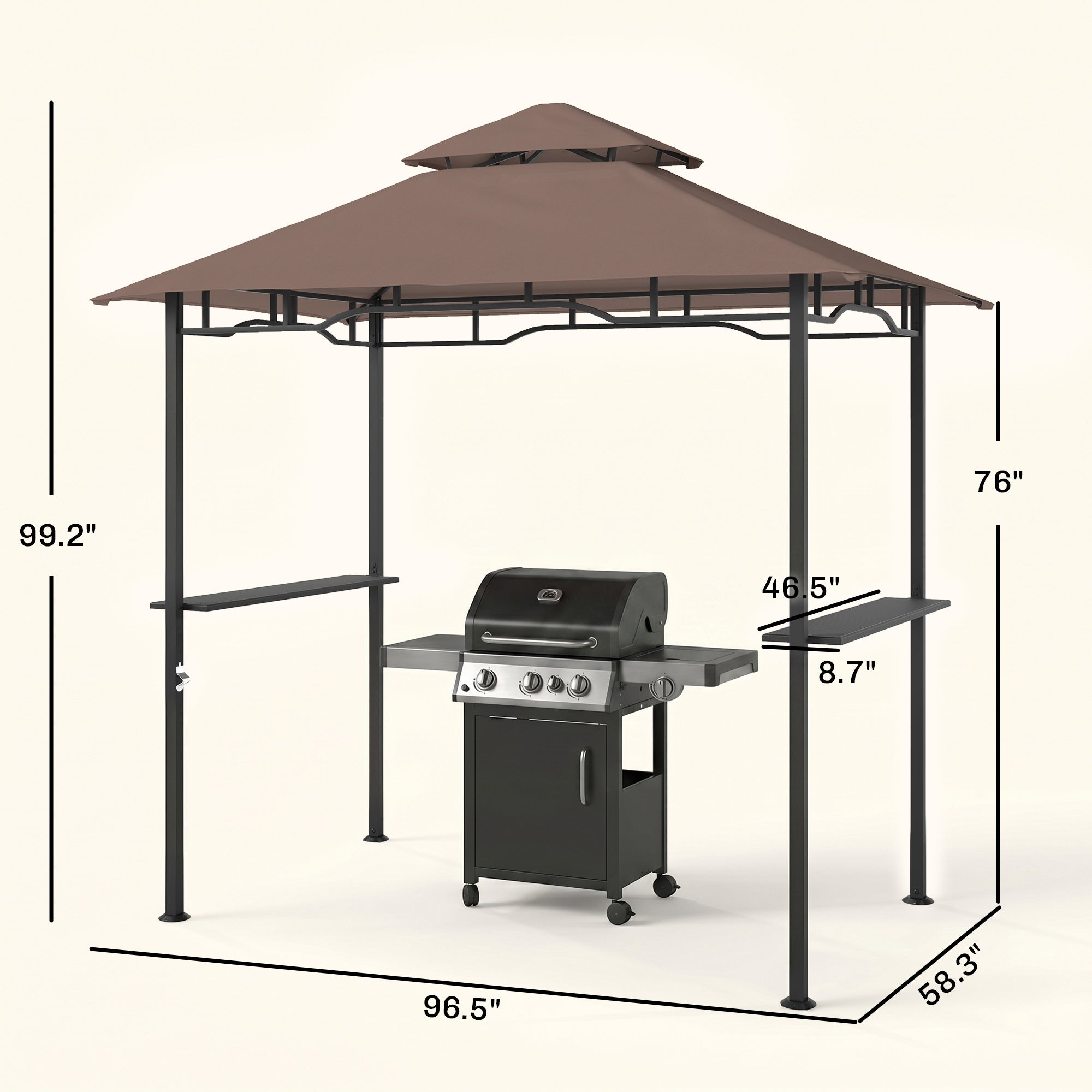 8' x 5' Grill Gazebo with Double Roof, Outdoor BBQ Canopy Gazebo with 2 Side Shelves for Patio Yard Garden Coffee