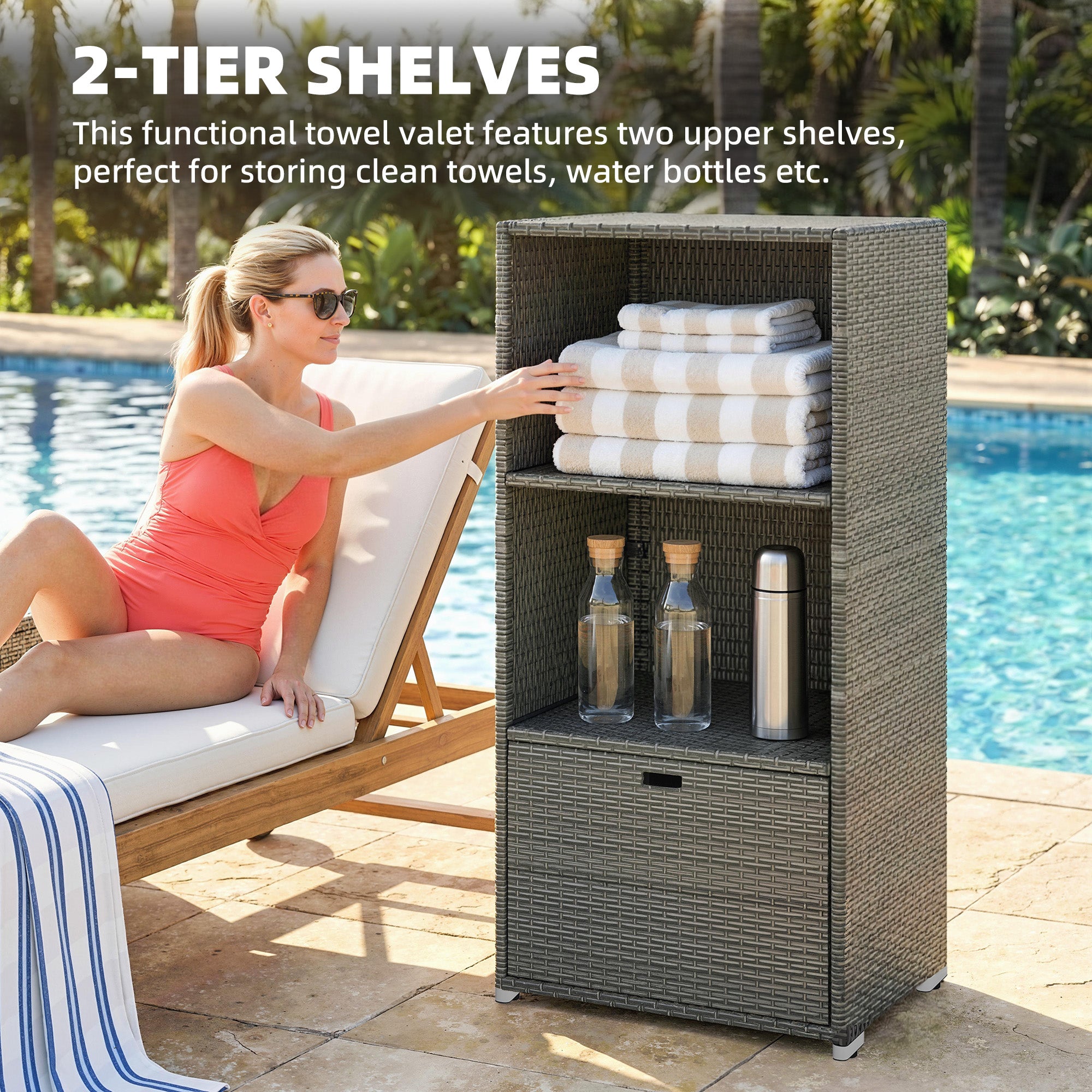 Valet Pool Towel Rack, Water-Resistant PE Plastic Rattan Wicker Storage Organizer, 2 Shelves, 1 Basket Drawer, Dark Gray