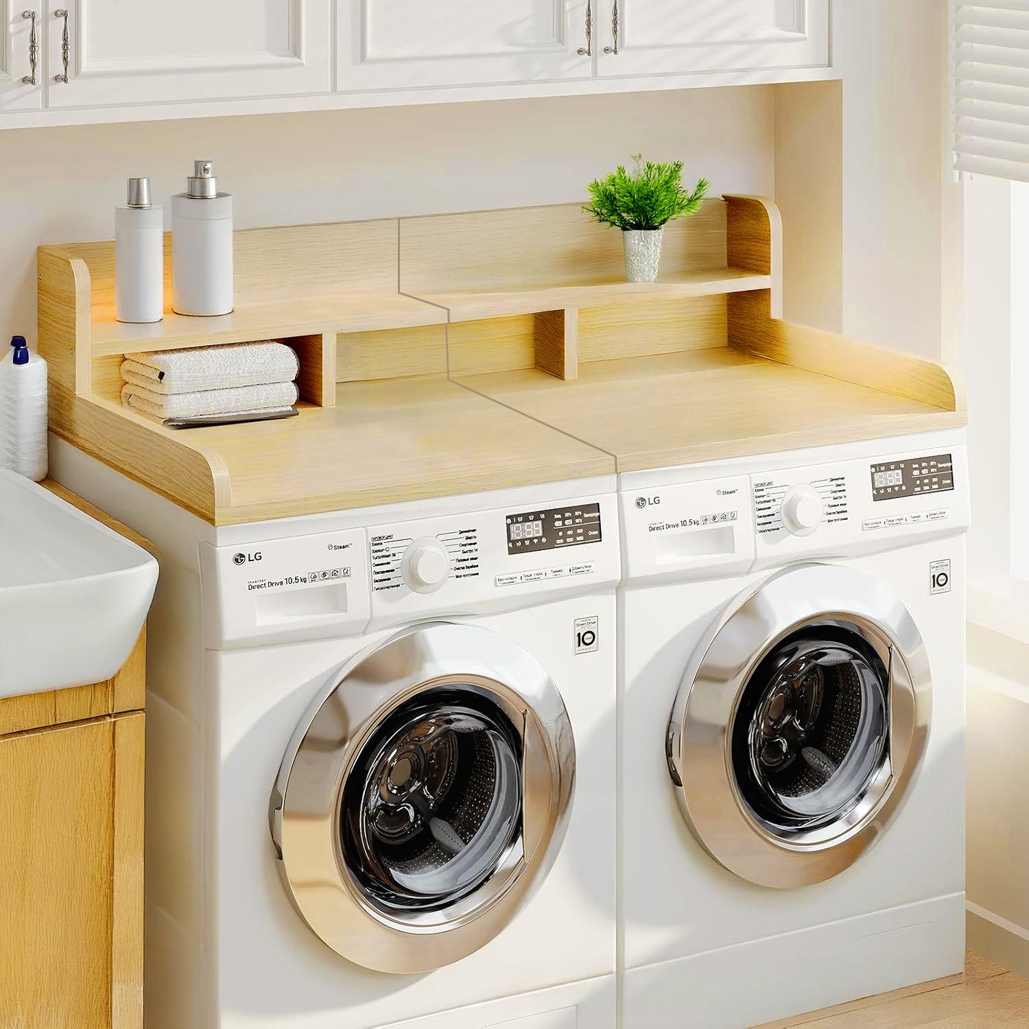 Practical Washer Dryer Countertop with Non-slip Pads, Wood Shelf Topper with Edge, Double Layer Organizer, 54" L x 27.5" W x 12" H, Oak