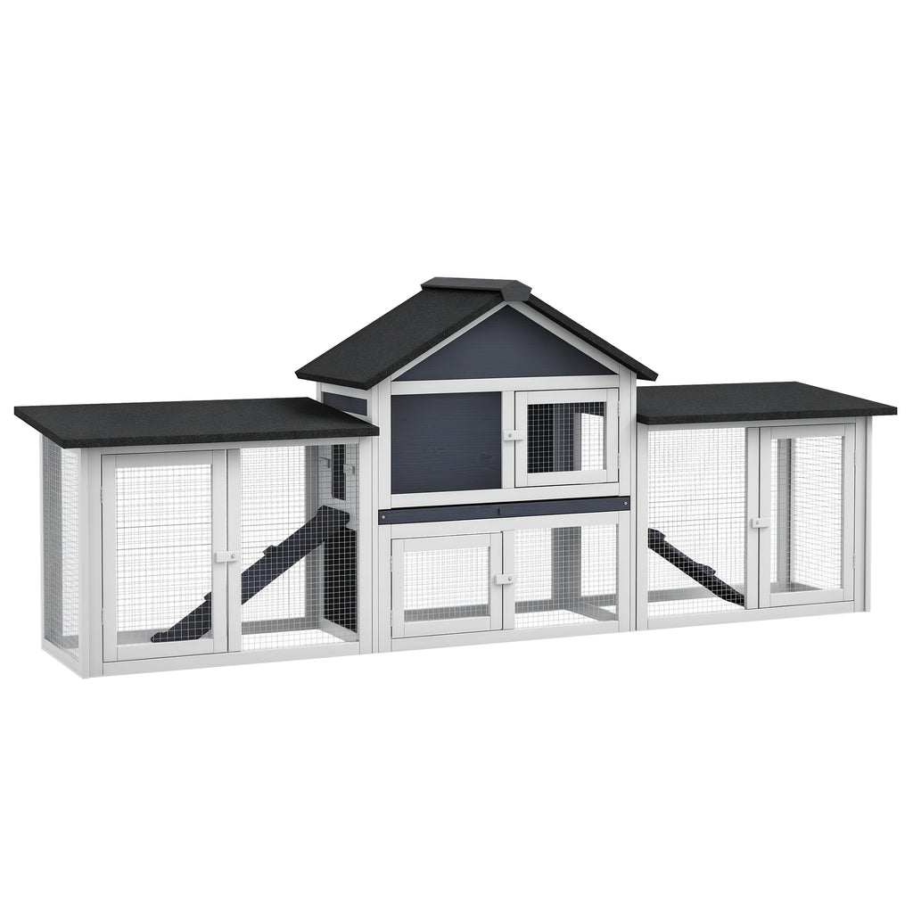 Outdoor Rabbit House 83" 2 Story Deluxe XL Wooden Rabbit Hutch, Big Bunny Cage w/ Ladder and Run, Dark Gray