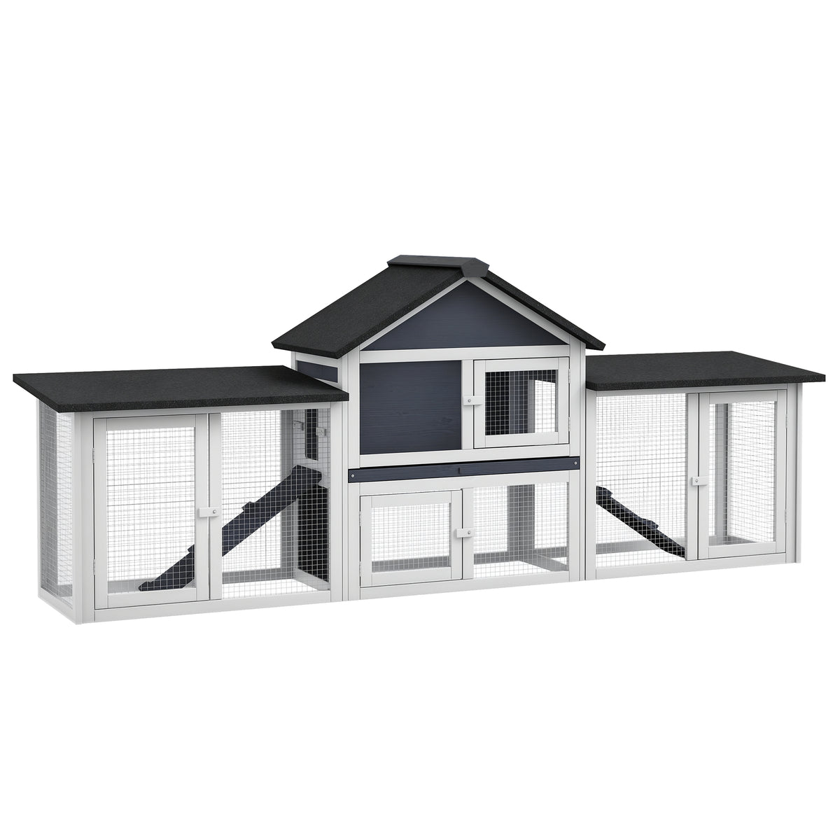 Outdoor Rabbit House 83" 2 Story Deluxe XL Wooden Rabbit Hutch, Big Bunny Cage w/ Ladder and Run, Dark Gray