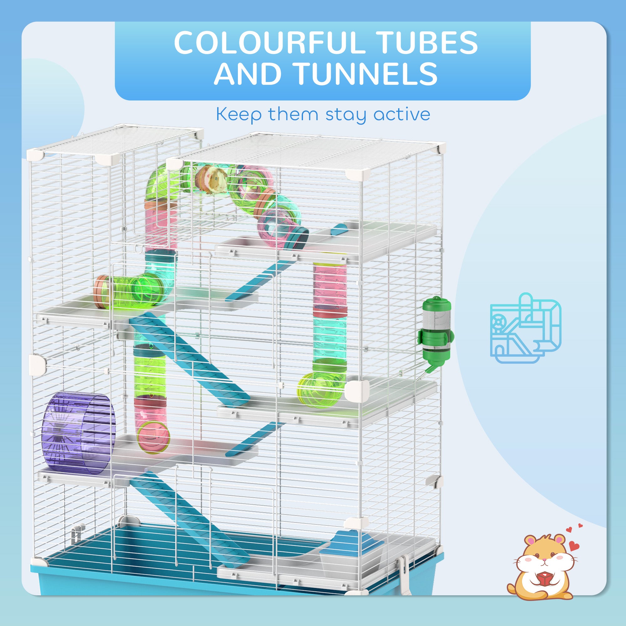 6 Tier Hamster Cage with Tubes and Tunnels, Hut, Wheel, Food Dish, Water Bottle, Ramps, for Dwarf & Gerbil, Light Blue