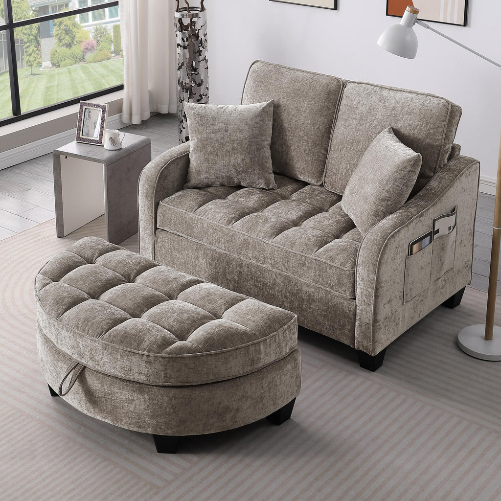 2-Seater Sofa Chaise Lounge with Irregular Curved Armrests, Ergonomic Backrest, Footrest with 2 Throw Pillows, 42.5" L x 32.5" W x 36.5" H, Brown