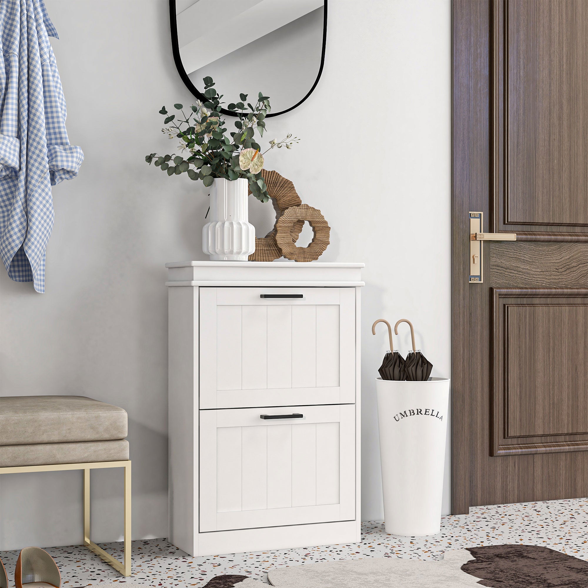 Modern Shoe Storage Cabinet with 2 Flip Drawers for 10 Pairs, Narrow Shoe Organizer for Entryway, Hallway, White