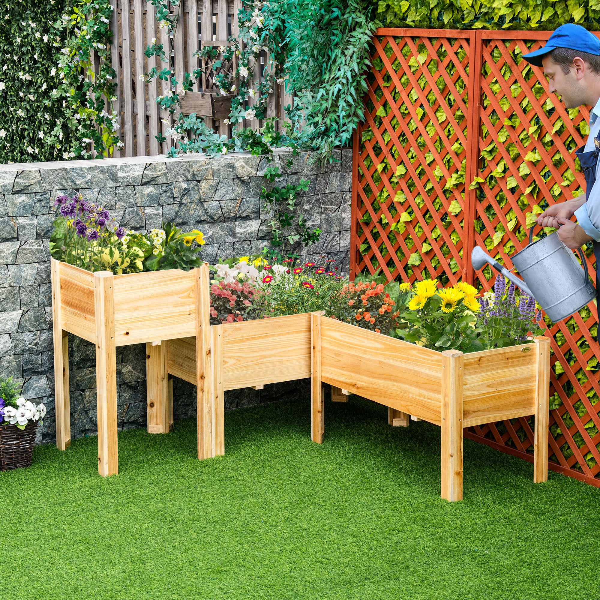 Raised Garden Bed Set of 3, Wooden Elevated Planter Box with Legs and Bed Liner, for Backyard and Patio to Grow Vegetables, Herbs, and Flowers, Natural