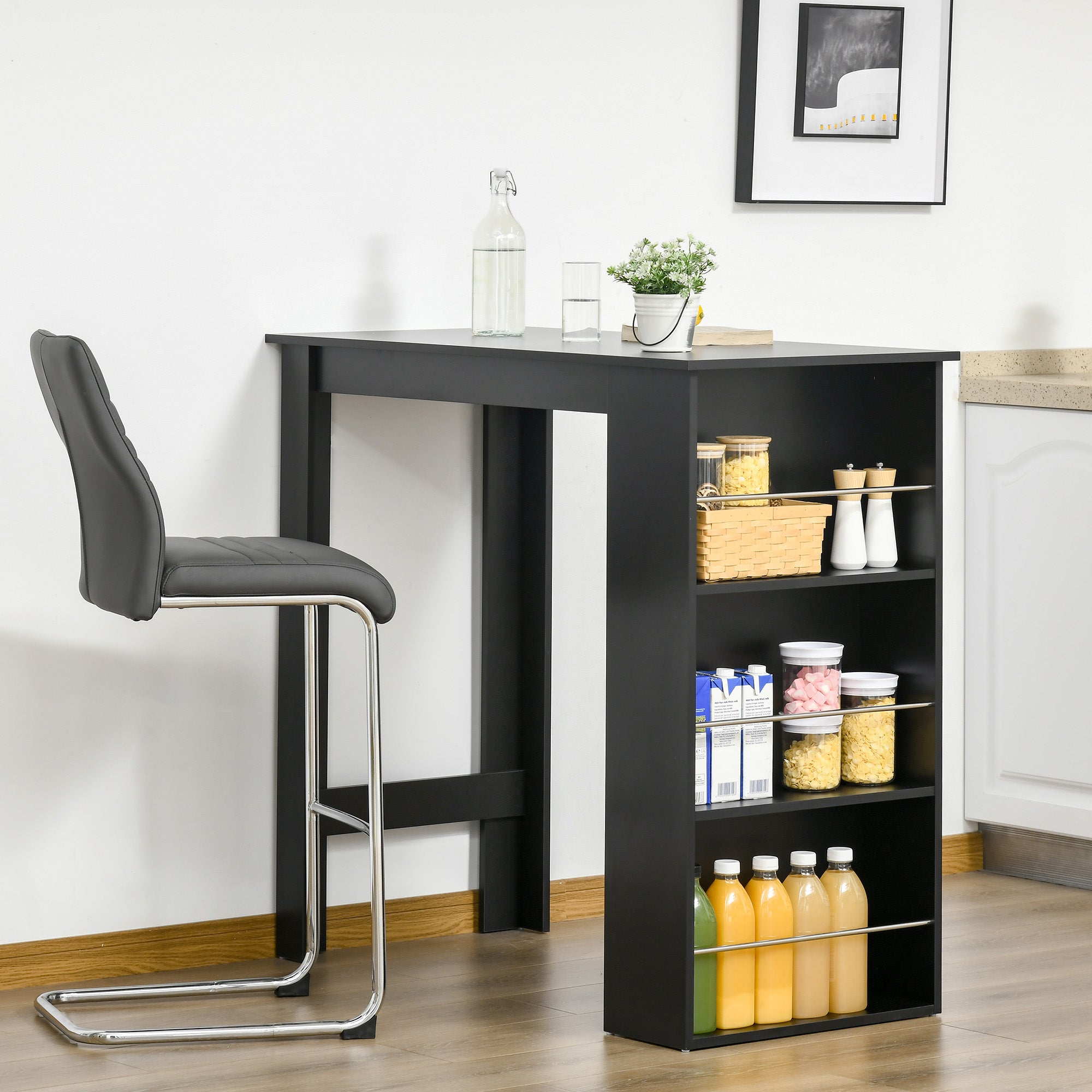 Modern Bar Table Counter Height Dining Table with 3 Storage Shelves for Kitchen, Dining Room, Living Room, Black