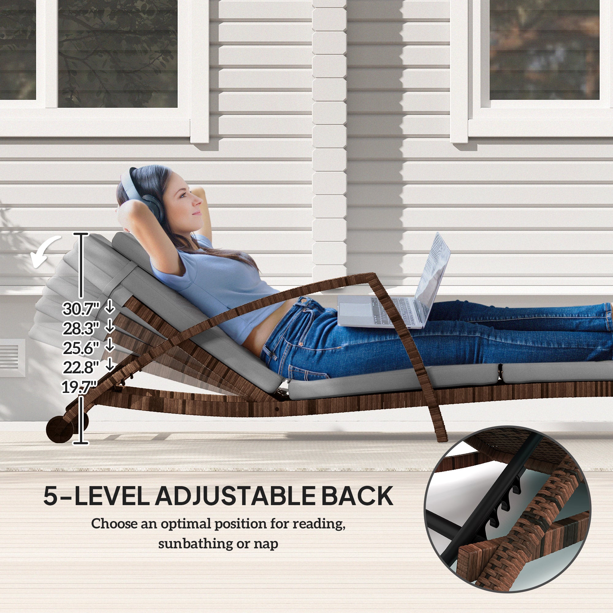 Set of 2 Wicker Chaise Lounge Chair Outdoor Patio Lounger with 5 Adjustable Back, Wheels, Cushion, and Armrests, Gray