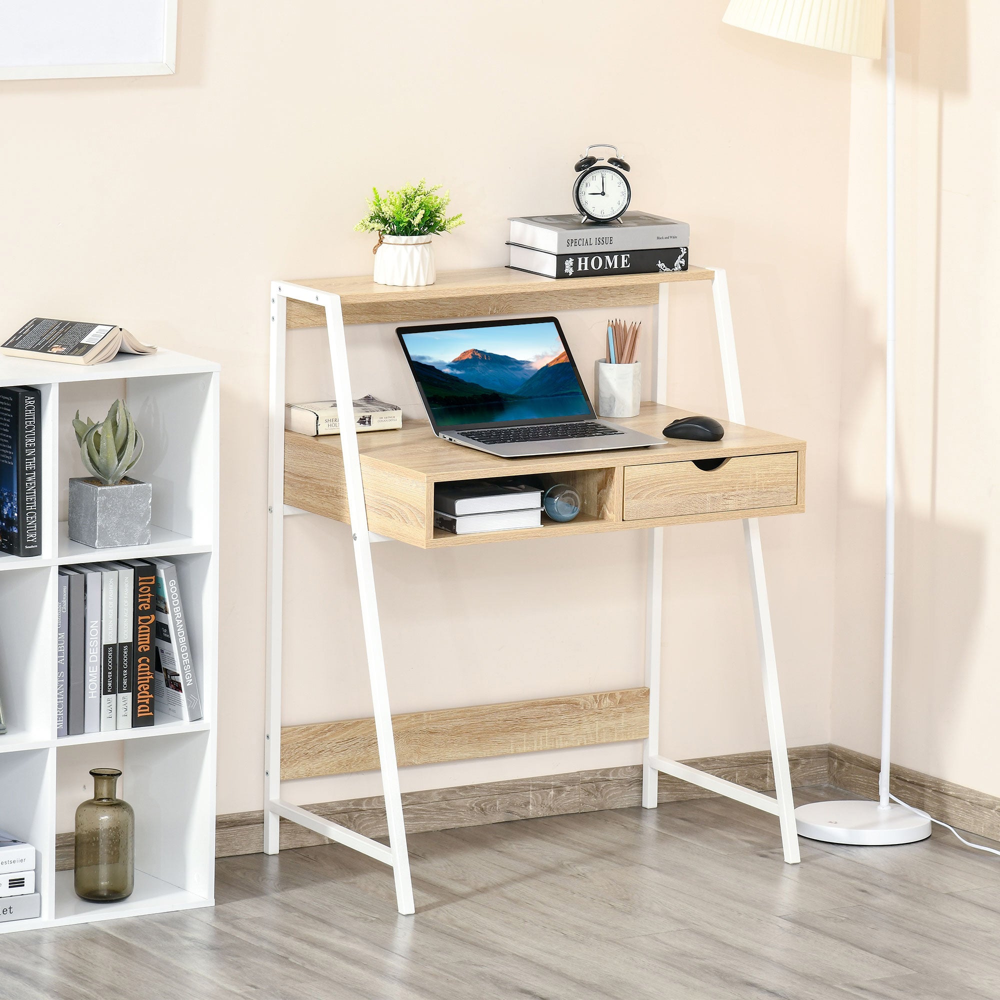 Home Office desk, Computer Desk for Small Spaces, Study Table with Drawer and Storage Shelves, Natural