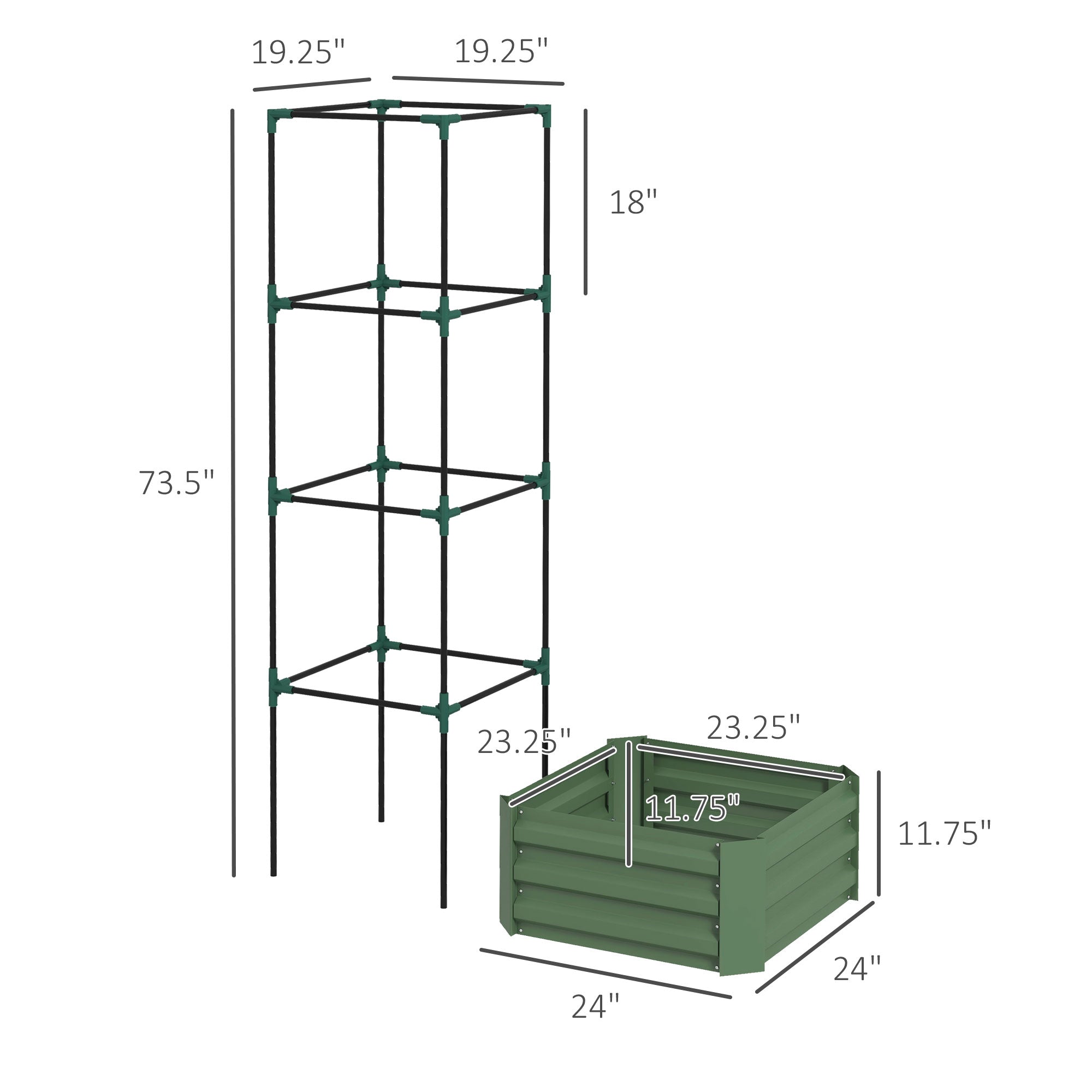 Galvanized Planter Box, 24" x 24" x 73.5" Raised Garden Bed with Tomato Cage for Climbing Vines, Green