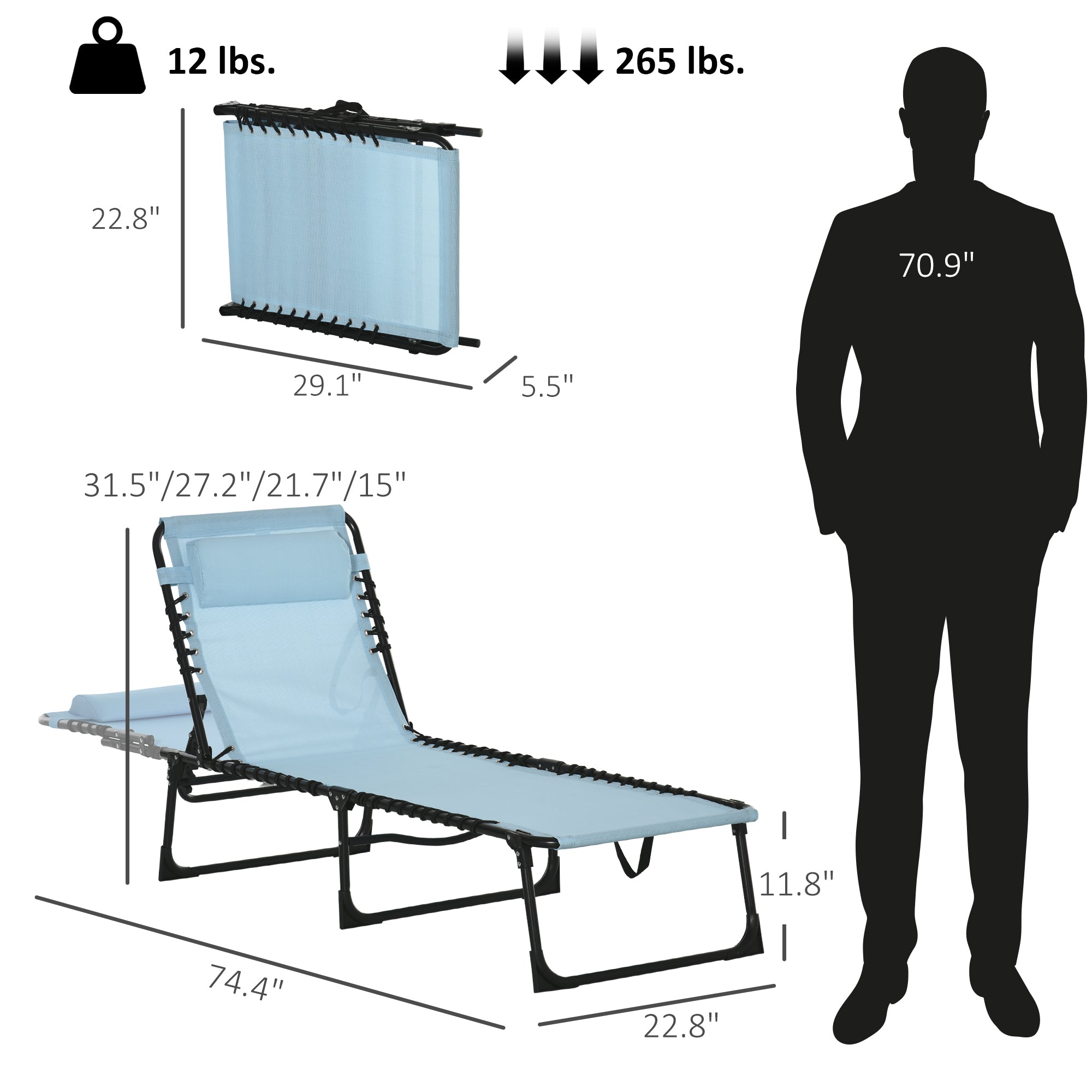 Folding Chaise Lounge Pool Chair with 4-Position Reclining Back, Pillow, Breathable Mesh & Bungee Seat, Baby Blue