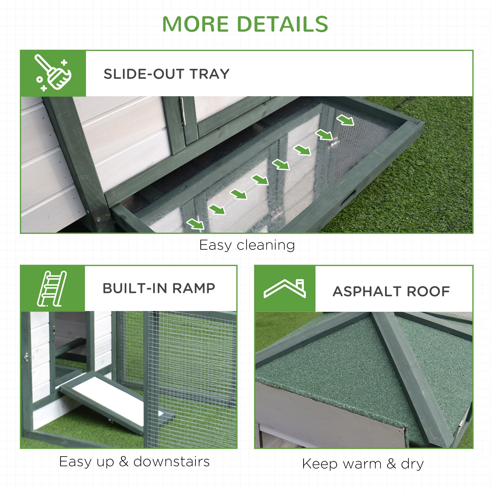 77" Wooden Chicken Coop Hen House Poultry Cage with Weatherproof Roof, Nesting Box, Enclosed Run and Removable Tray for Outdoor Backyard, Green