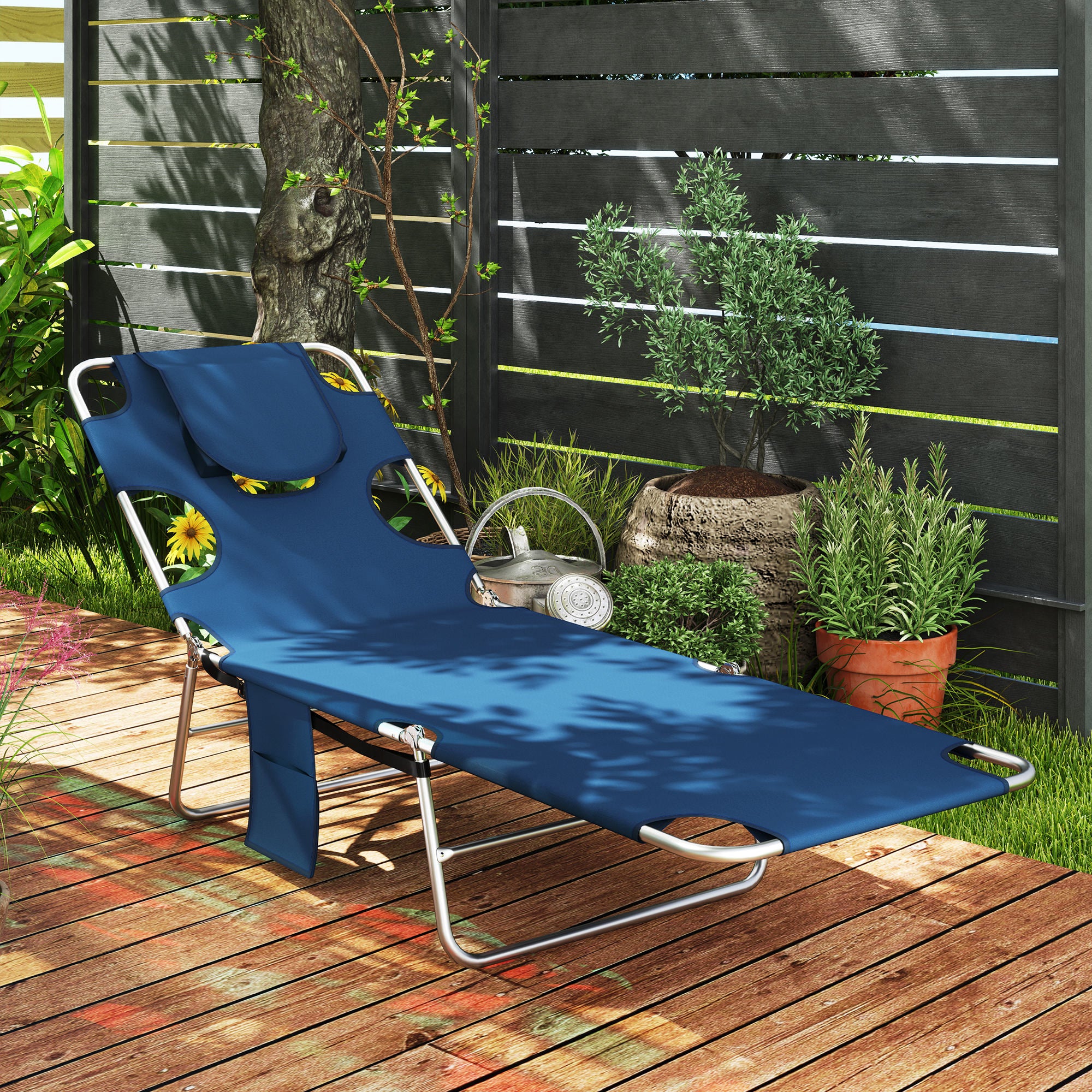 Tanning Chair with Face Hole, 5-Level Adjustable Outdoor Chaise Lounge Chair with Pillow for Beach, Pool, Dark Blue