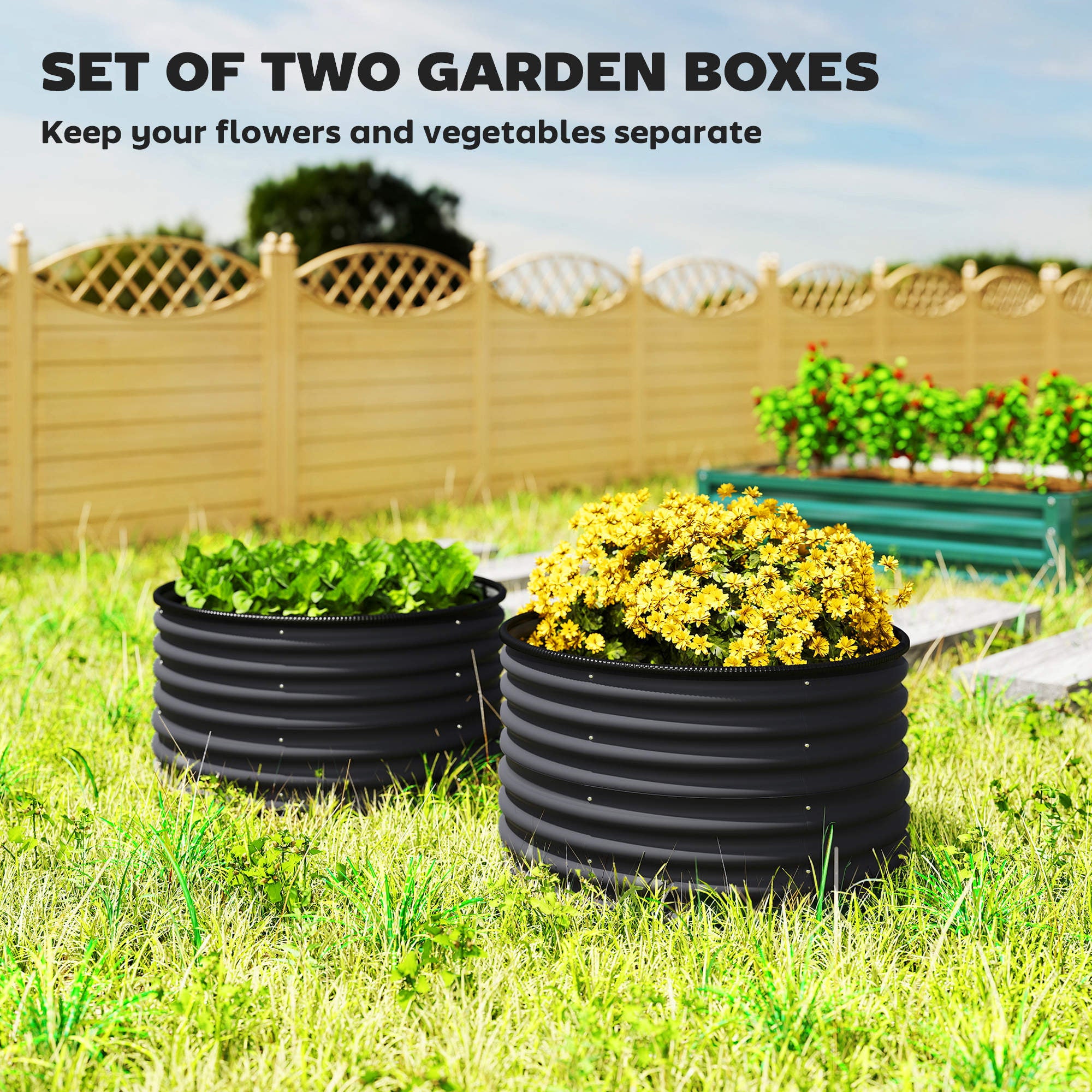 Set of 2 Raised Garden Bed, Metal Planter Box with Safety Edging, Easy-to-assemble Stock Tank, Dark Gray