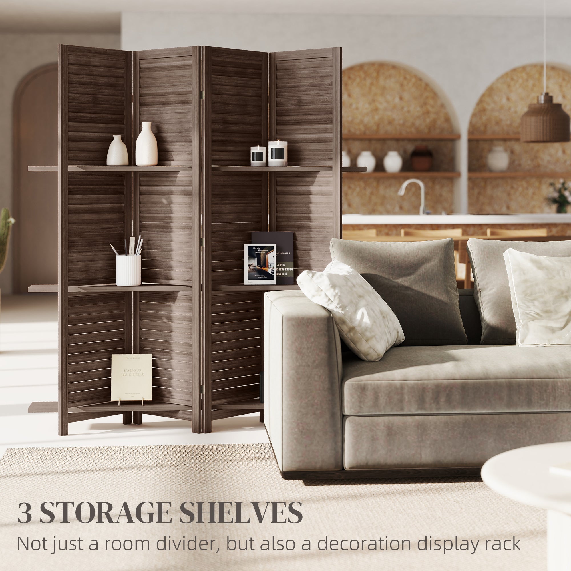 4 Panel 67" Tall Wood Privacy Screen Room Divider with 3 Shelves and Folding Storage for Bedroom, Walnut
