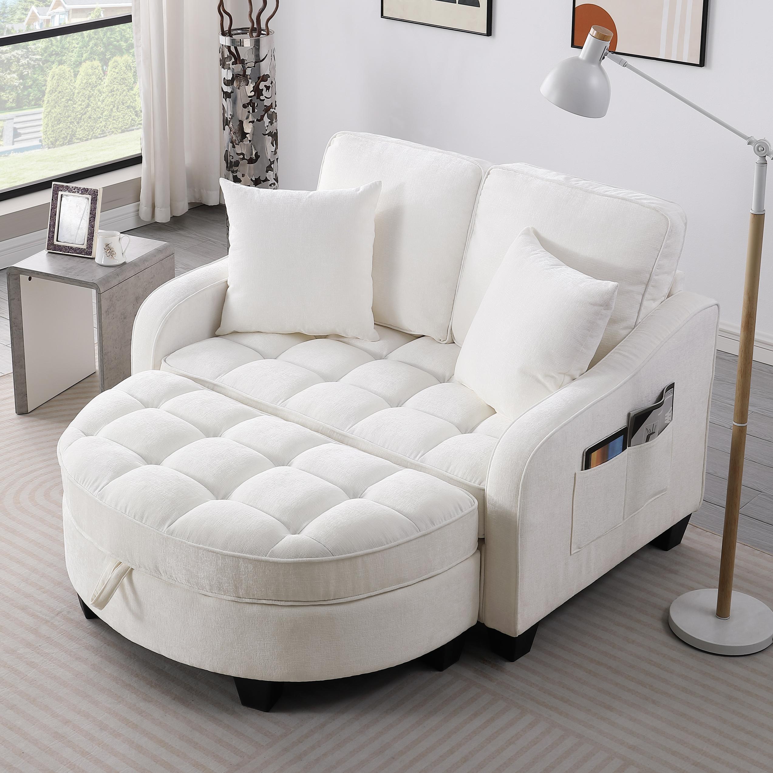 2-Seater Sofa Chaise Lounge with Irregular Curved Armrests, Ergonomic Backrest, Footrest with 2 Throw Pillows, 42.5" L x 32.5" W x 36.5" H, Beige